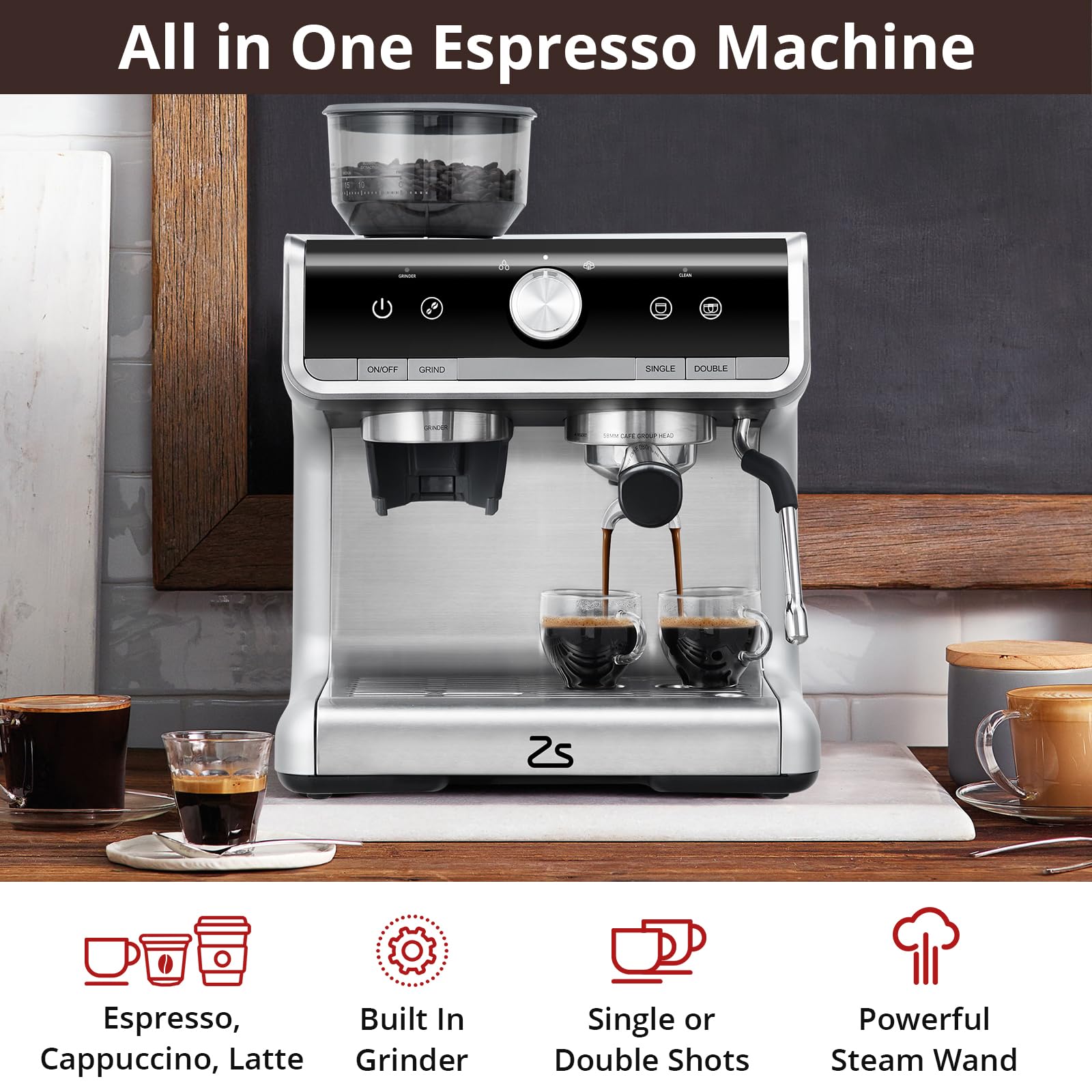 Premium 20 Bar Semi-Automatic Espresso Machine with Built-in Coffee Bean Grinder & Milk Frother Wand - 95oz Removable Water Tank for Perfect Cappuccino, Latte & Espresso - Ideal for Home Baristas & Coffee Lovers