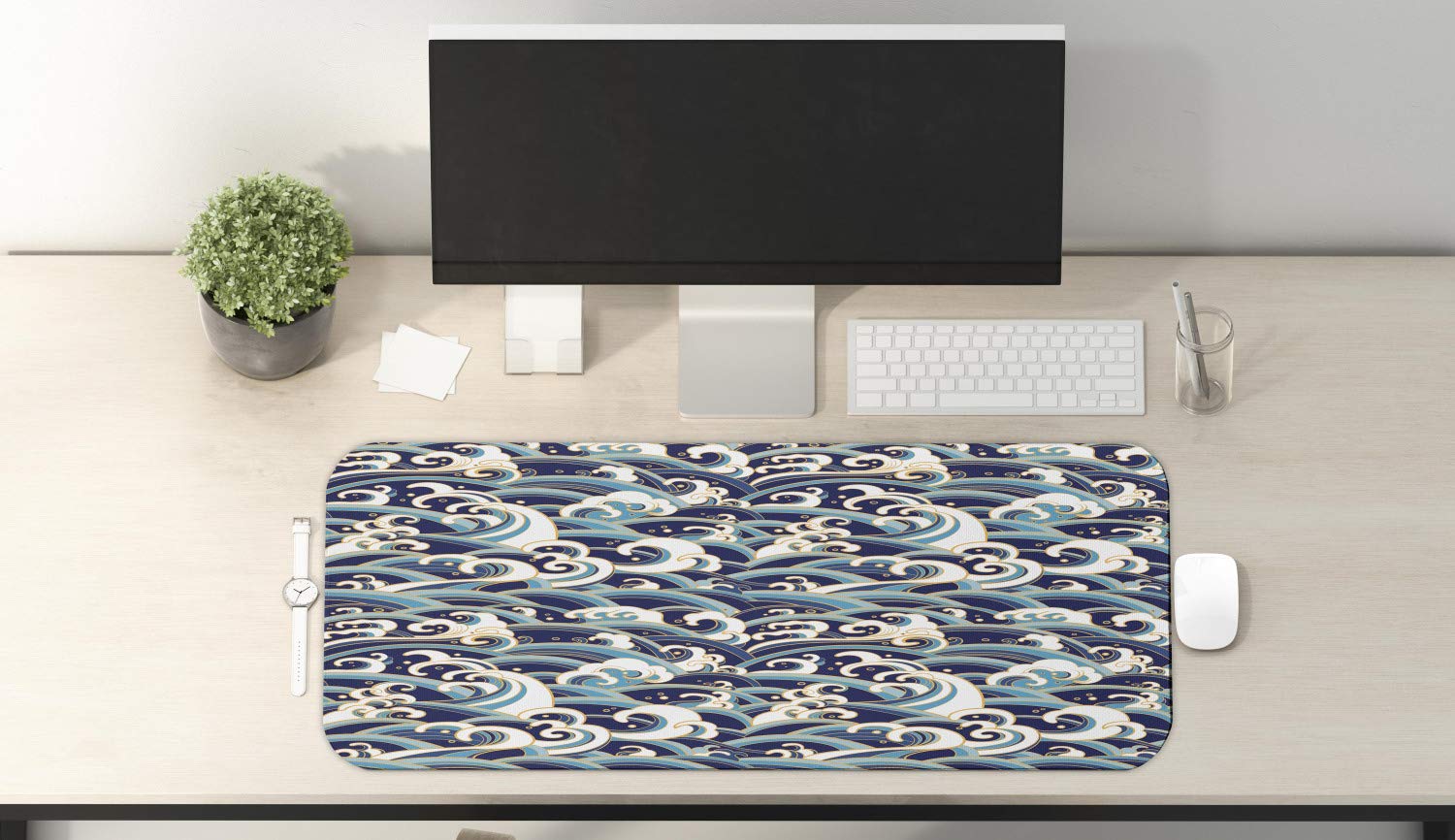 Ambesonne Nautical Computer Mouse Pad - Traditional Oriental Ocean Waves Design, Non-Slip Rubber Base, Large Gaming Size 31