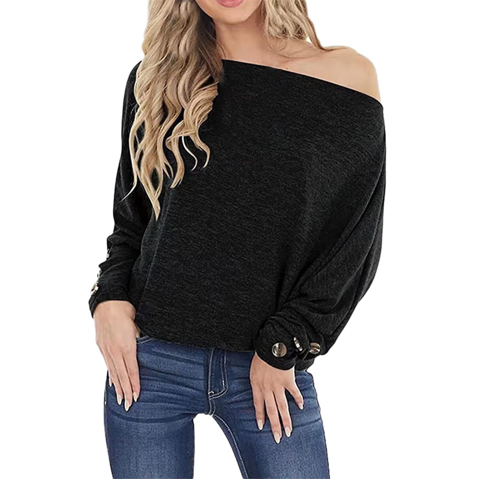 2022 Women's Casual Off Shoulder Long Sleeve Button Knit Top - Solid Color Skew Collar Shirt for Women | Perfect for Office, Dating & Everyday Wear