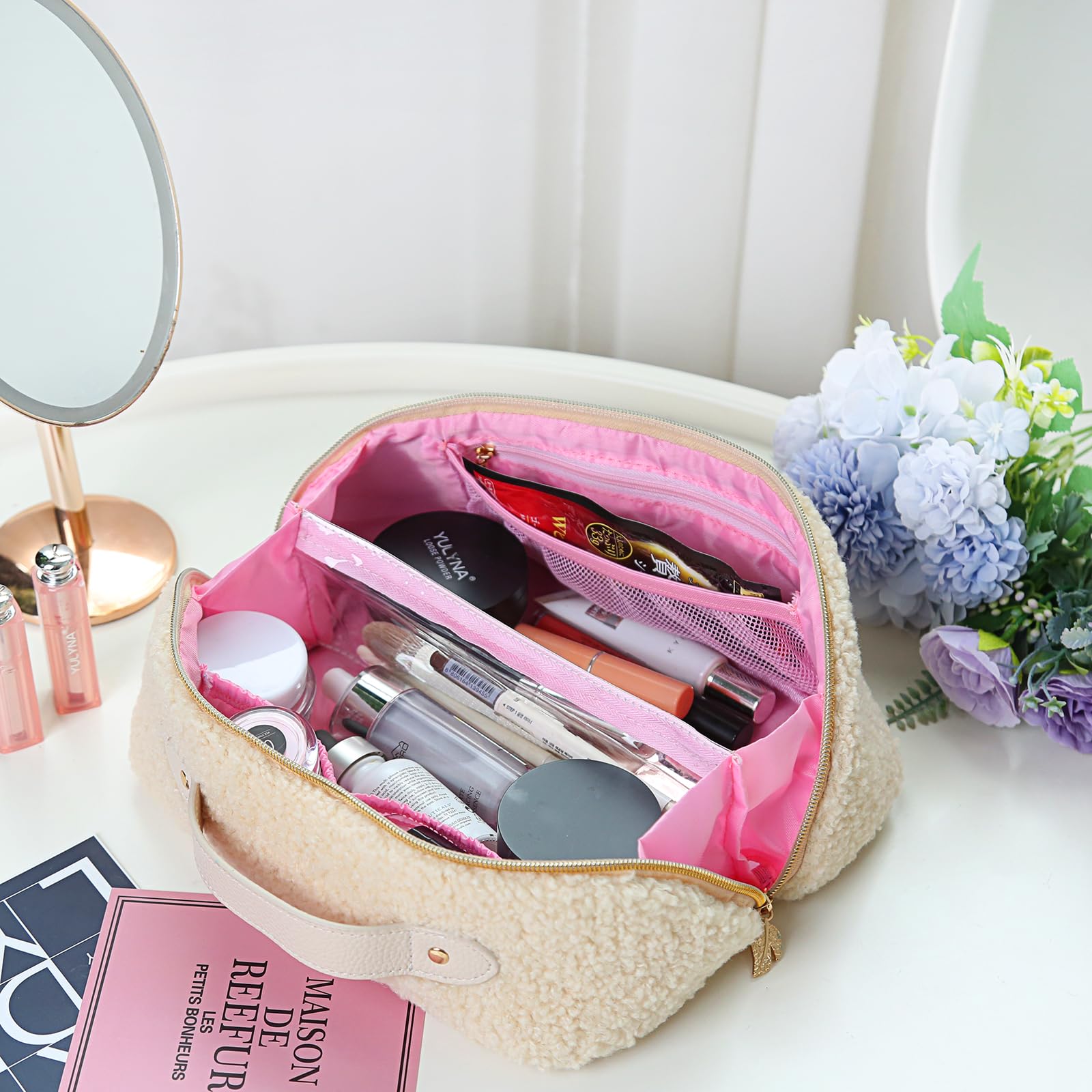 Large Capacity Travel Makeup Bag - Cute Plush Cosmetic Organizer with Handle & Divider, Portable Toiletry Pouch for Women (White) | Perfect for Travel, Gym, Daily Use & Gift Giving
