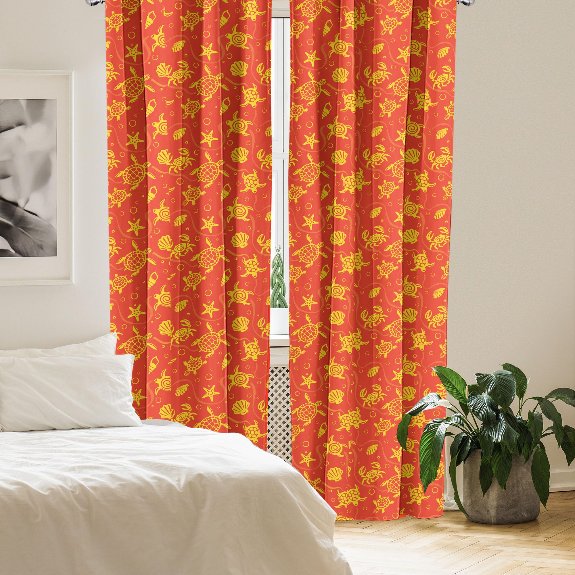 Ambesonne Tropical Ocean Themed Window Curtains - Swimming Turtles, Crabs, Seashells & Starfish Print - Lightweight 2-Panel Set with Rod Pocket (28