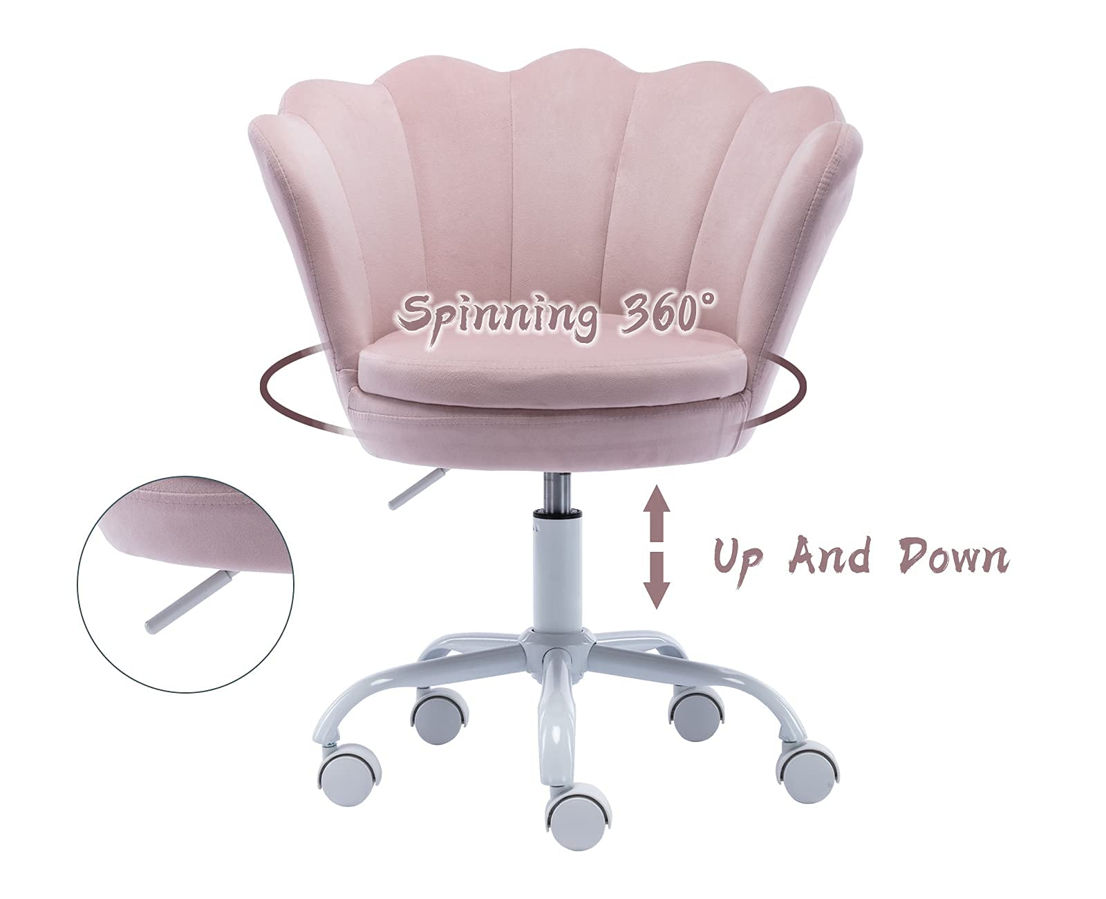 Velvet Swivel Accent Chair for Kids - Adjustable Study Desk Chair with Seashell Back, Pink Upholstered Vanity Chair for Teens' Bedroom, Living Room & Homework Station - Perfect for Computer Work, Reading & Study Sessions