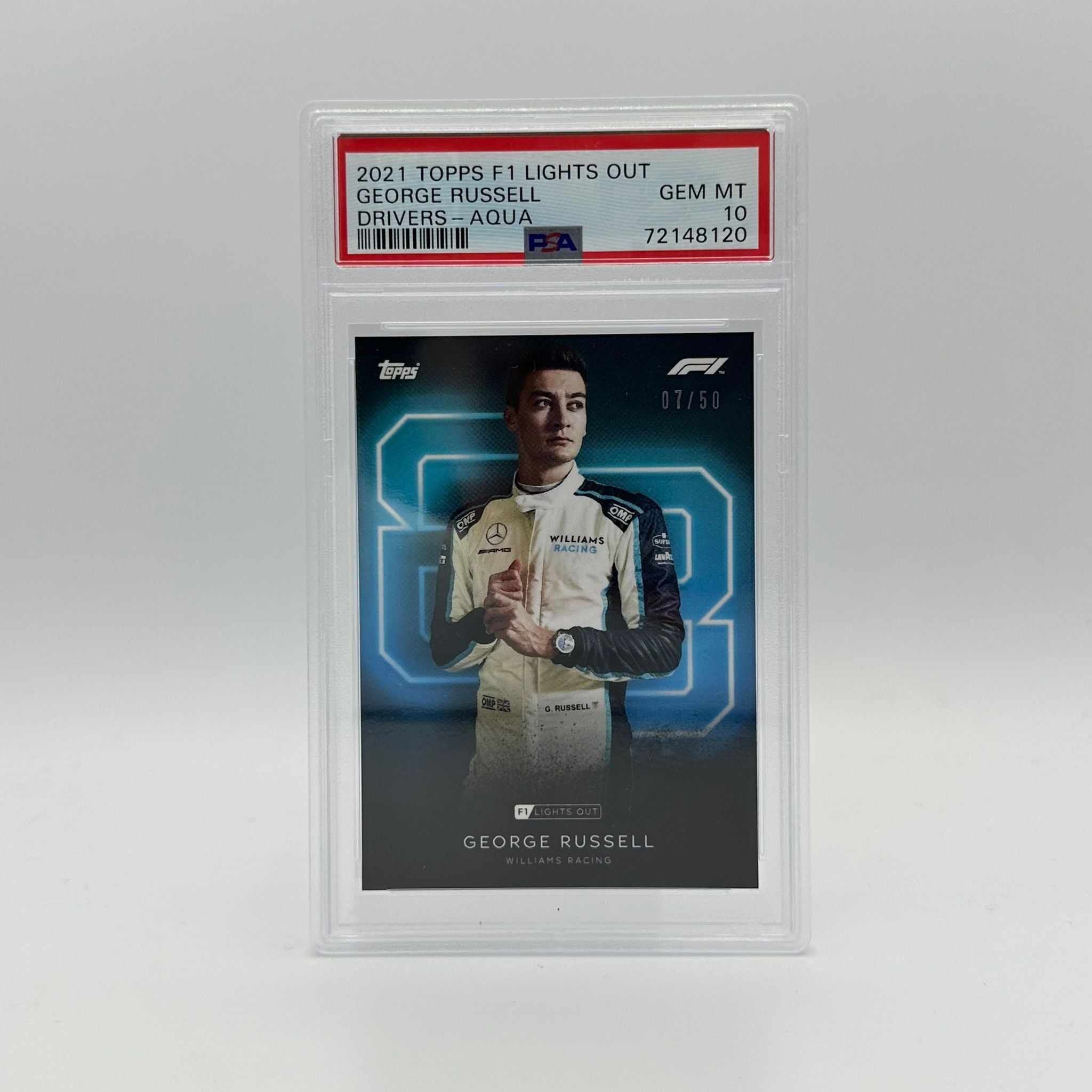PSA 10 Graded 2007 George Russell Formula 1 Driver's Aqua Parallel Card #07/50 - Rare Collectible for F1 Fans & Sports Memorabilia Enthusiasts