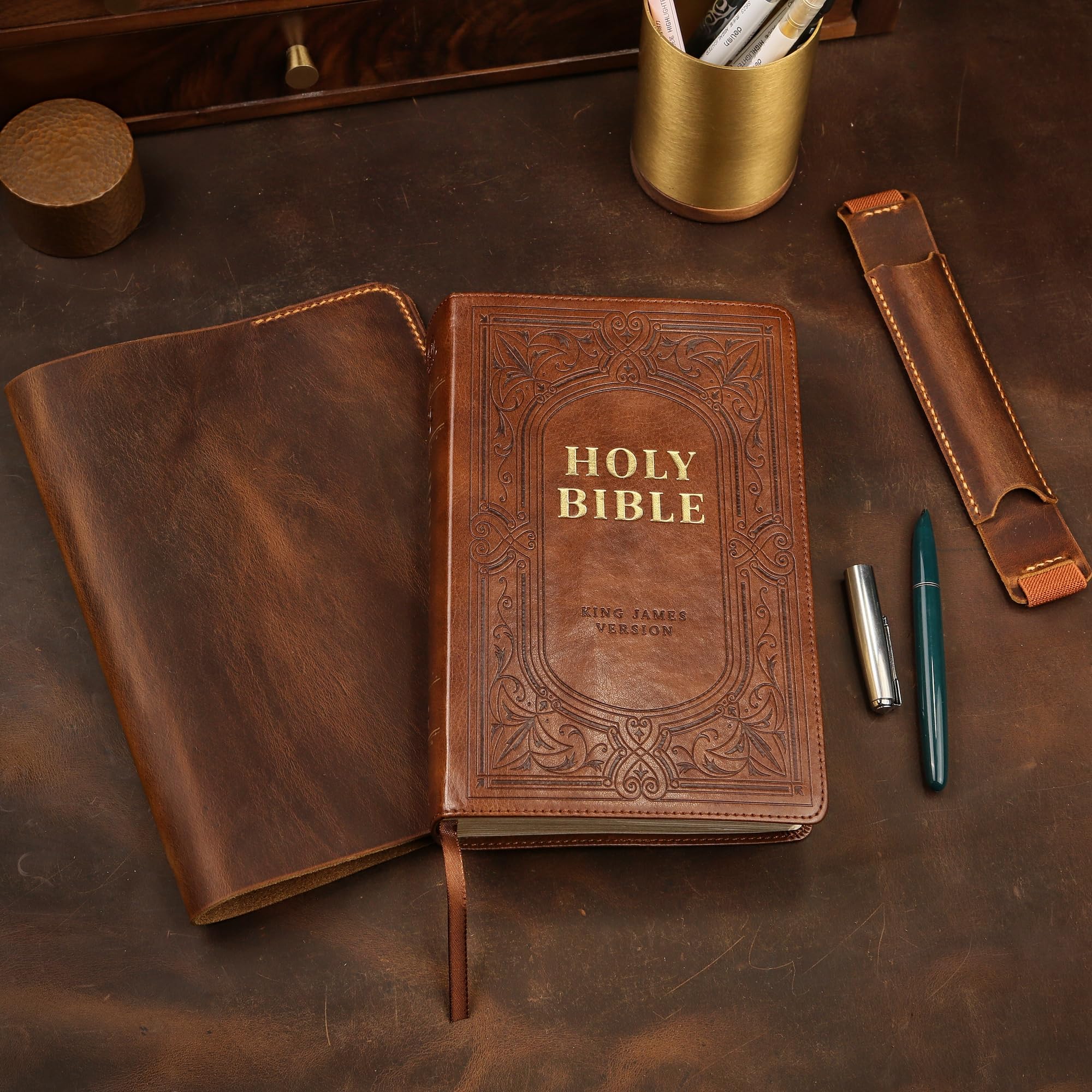 Personalized KJV Bible Leather Cover - Custom Holy Bible Book Case with Pen Sleeve | Christian Gifts for Men & Women | Pocket Size Cover for Church, Travel & Daily Devotion