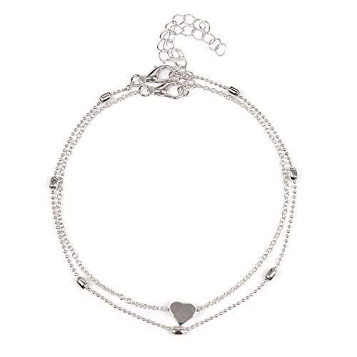 YienDoo Boho Multi-layer Anklet Bracelet - Dainty Peach Heart Charm Foot Jewelry for Women & Girls | Silver Summer Beach Anklet for Barefoot Fashion, Vacation & Festival Accessories