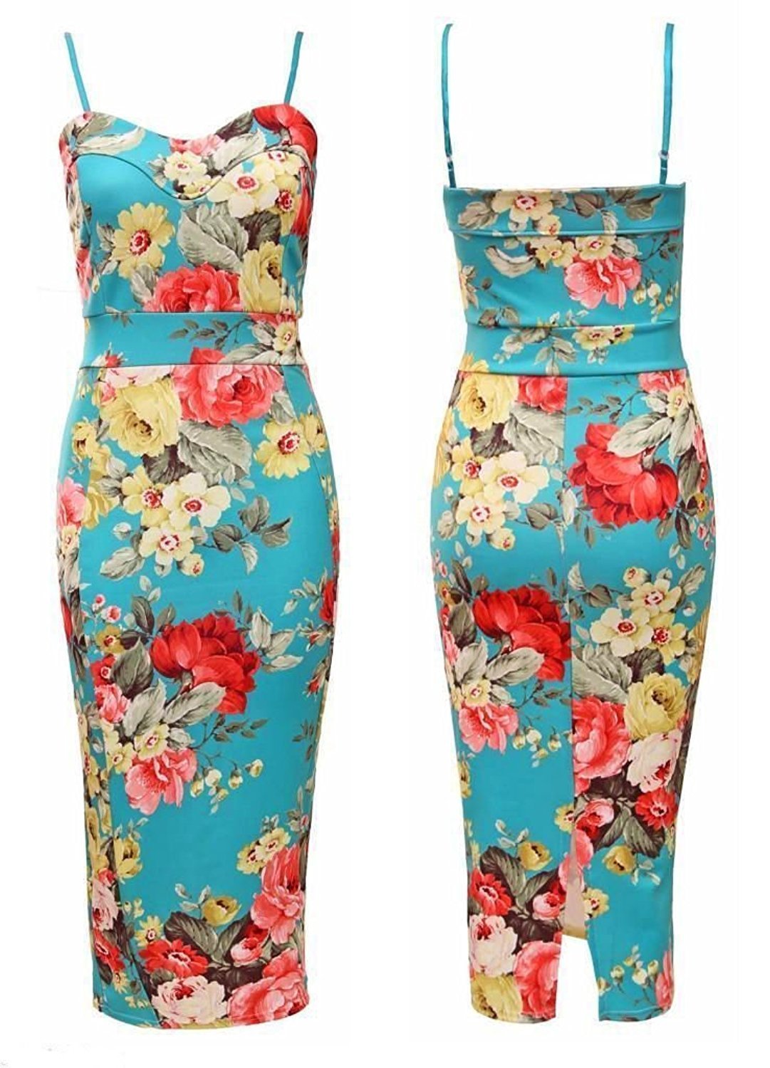 GirlzWalk Women's Green Floral Strappy Cami Midi Bodycon Dress - Elegant Chic Summer Dress for Parties, Date Night & Cocktail Events