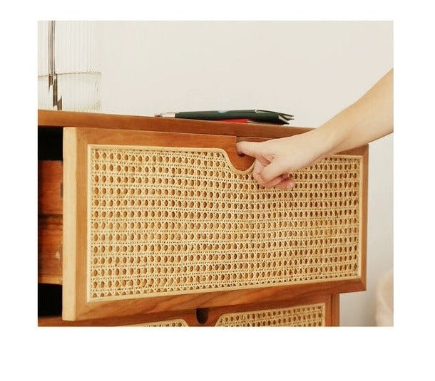Japanese Style Dakota RITZ Chest of Drawers - Solid Wood Rattan Cabinet in Walnut & Cherry Finish | Perfect for Bedroom, Living Room, or Home Office Storage