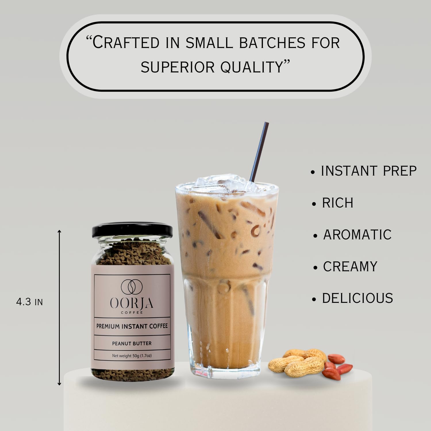 OORJA Peanut Butter Flavored Instant Coffee Granules - 100% Arabica Medium Roast Freeze Dried Coffee for Hot & Iced Drinks, 25 Servings | Perfect for Office, Travel & Home Brewing
