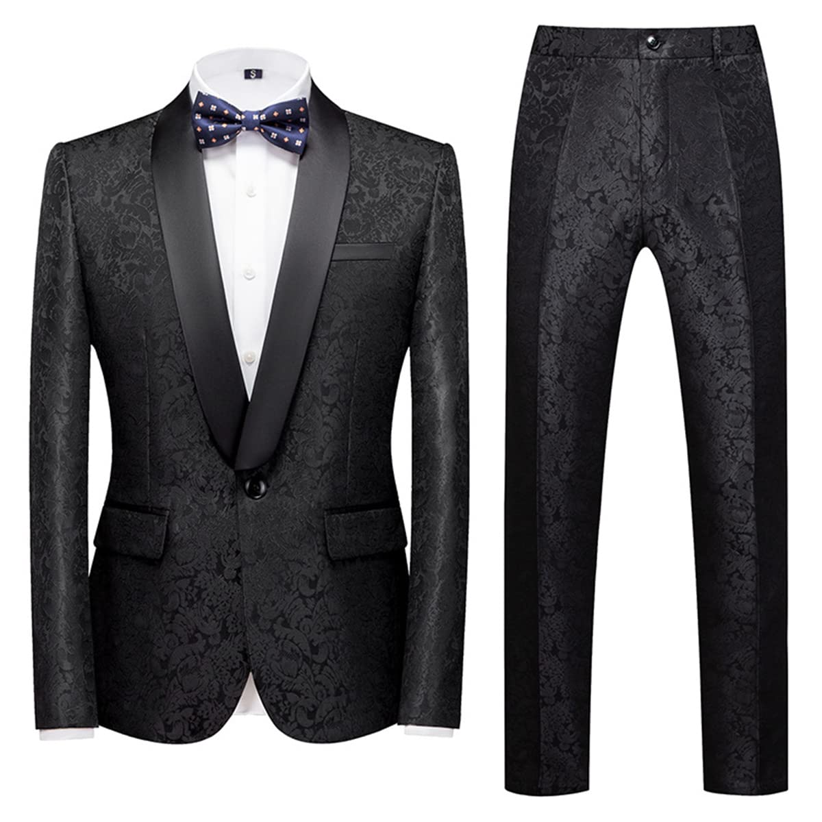 Men's 2-Piece Jacquard Embroidered Slim Fit Suit Set - 1 Button Blazer & Pants for Wedding, Groom, Business & Evening Occasions | Formal & Business Casual Attire for Special Events & Office Wear