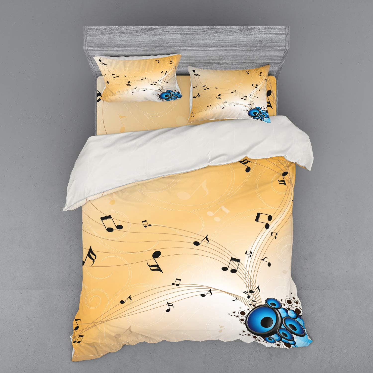 Ambesonne Music Themed 4-Piece Queen Bedding Set - Abstract Melodies, Flying Notes & Sound Illustration Duvet Cover with Shams & Fitted Sheet, Black Blue Sand Brown - Perfect for Musicians' Bedrooms & Music Lovers' Home Decor