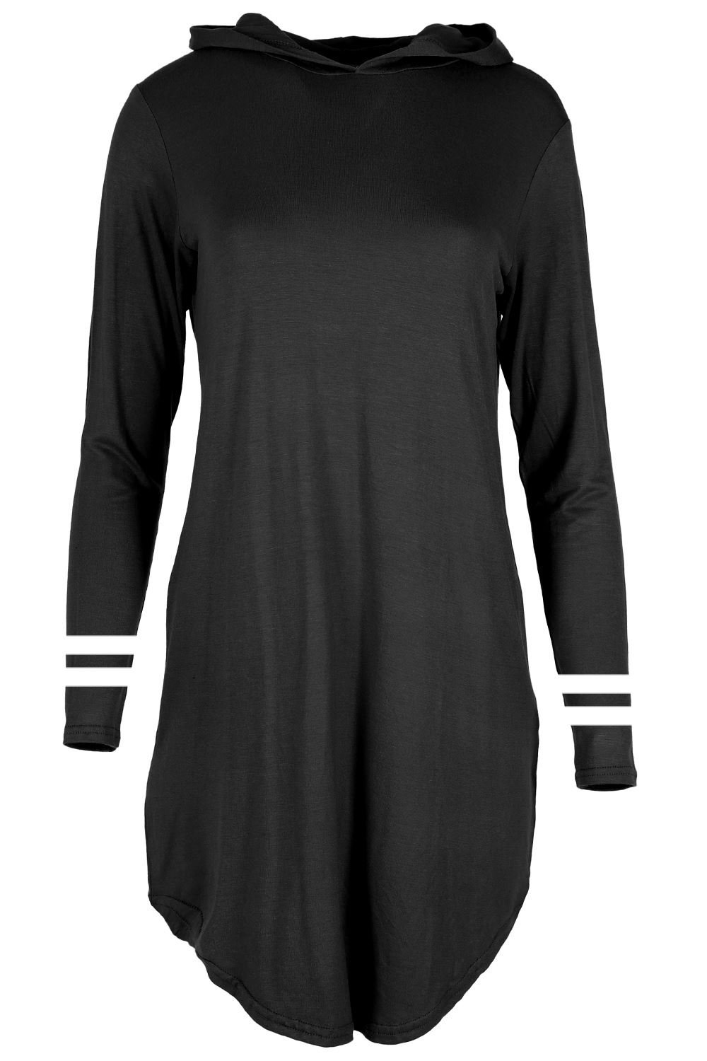 Women's Contrast Striped Sleeves Hooded Tunic Dress - Casual Long Sleeve Curved Hem Top for Fall & Winter | Perfect for Layering, Office Wear, and Weekend Outfits