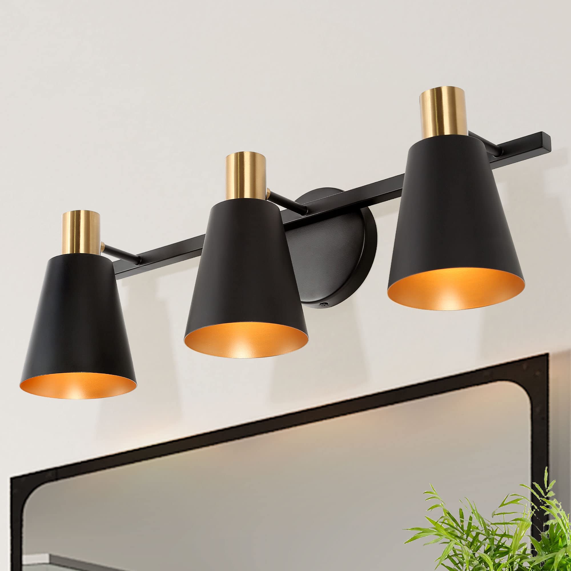 Farmhouse Bathroom Vanity Light Fixture - 3-Light Black Sconce with Electroplated Brass Socket, 22