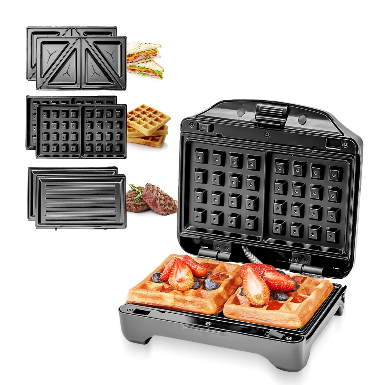 Geepas 750W 3-in-1 Sandwich Maker & Panini Press with Removable Non-Stick Plates, 2-Slice Waffle Maker & Toastie Machine - Perfect for Breakfast, Snacks, and Quick Meals at Home or Office