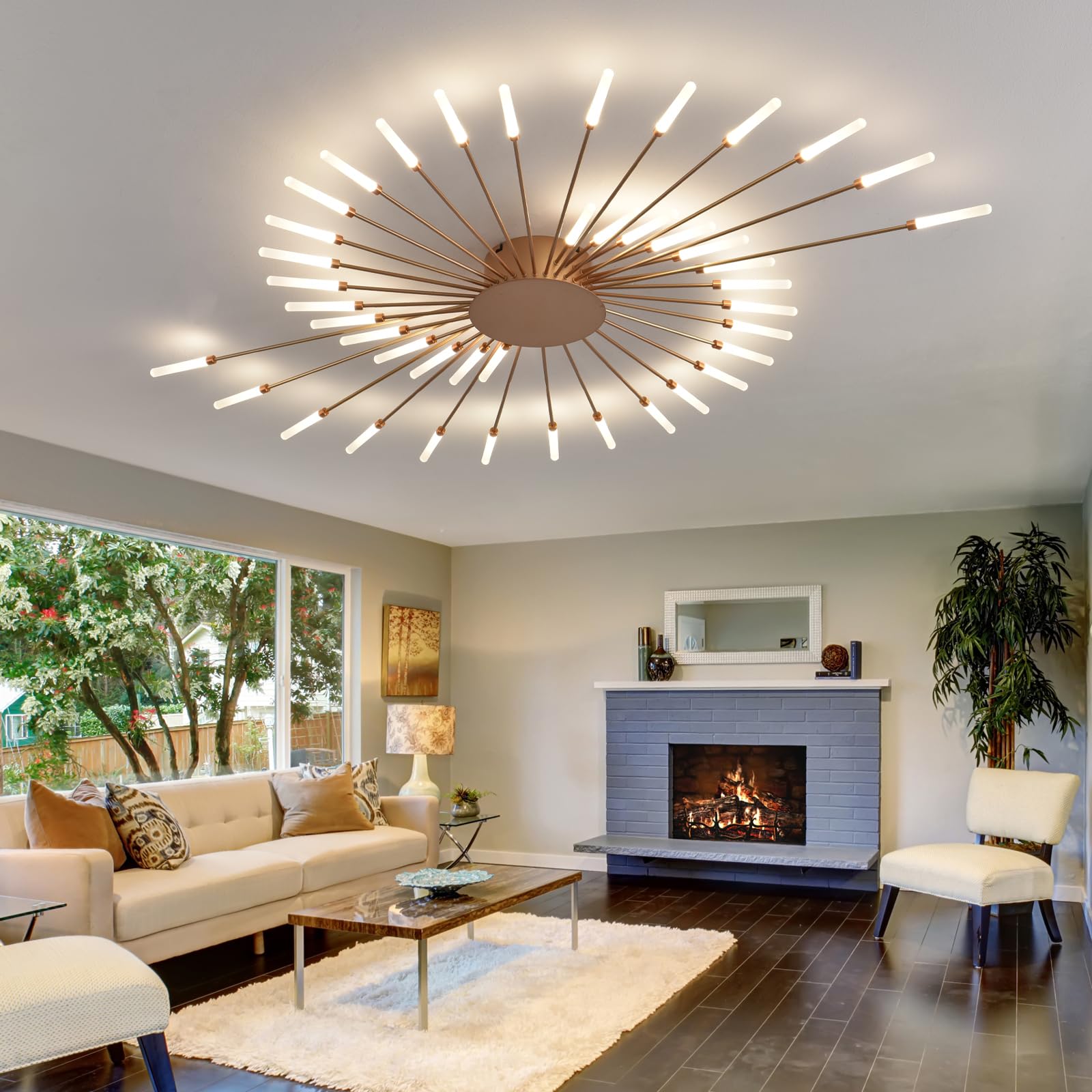 Modern 42-Light LED Flush Mount Chandelier - Flower Shape Ceiling Light Fixture for Living Room, Bedroom & Dining Room - Gold Metal Acrylic Design - Perfect for Home Decor, Ambient Lighting & Interior Design