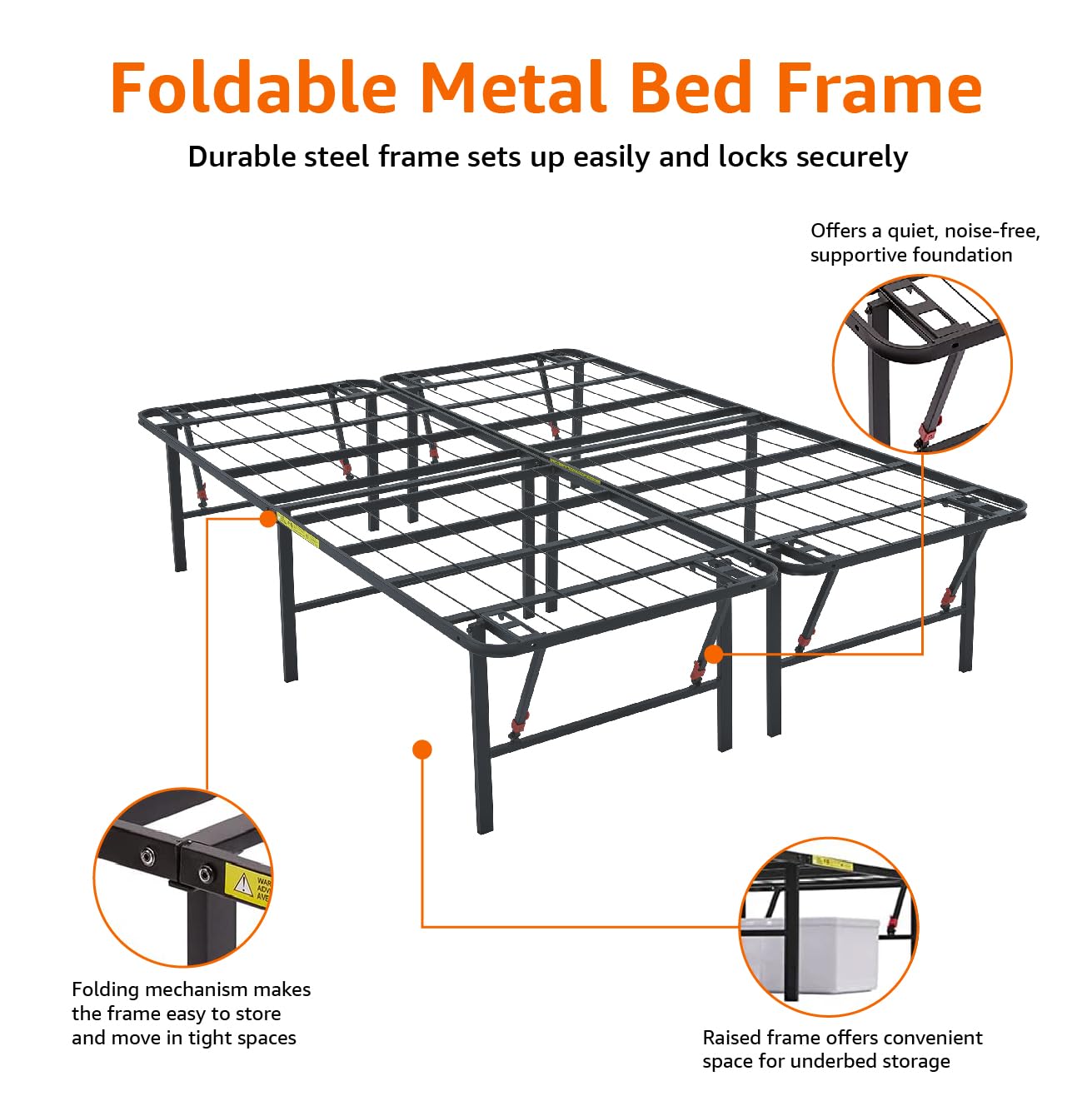 Amazon Basics King Size Bed Frame with Storage - Foldable Metal Platform, Sturdy Steel Construction, No Box Spring Needed, 18