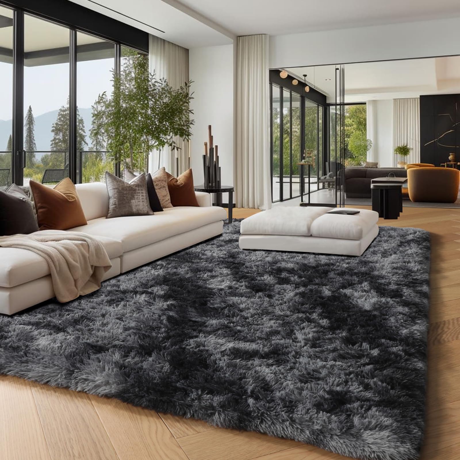 PAGISOFE 4' x 6' Abstract Shaggy Area Rug - Plush Furry Tie-Dyed Dark Grey Soft Fluffy Carpet for Living Room, Bedroom, Nursery, Dorm & Kids Room Decor - Cozy Home Accent for Girls & Boys (Perfect for Floor Seating, Play Areas & Bedside Comfort)