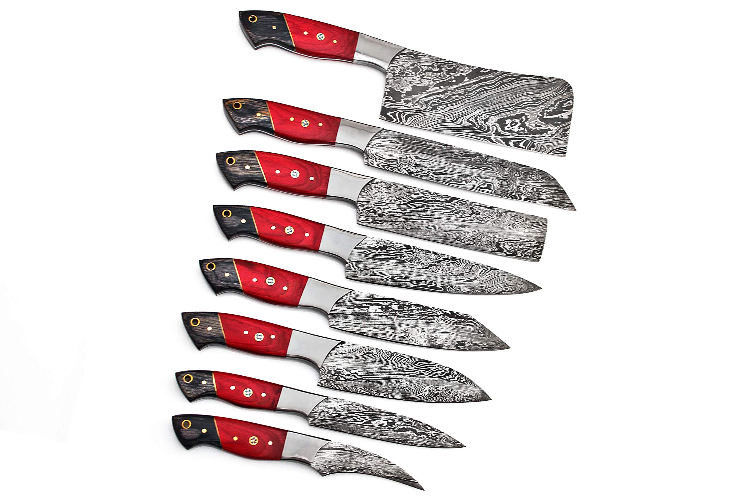 Premium Damascus Steel Kitchen Knife Set 8-Piece FBK-1027 - Handcrafted Chef Knives with Red & Black Wood Handle - Perfect for Home Cooking, Professional Chefs & Gift Giving
