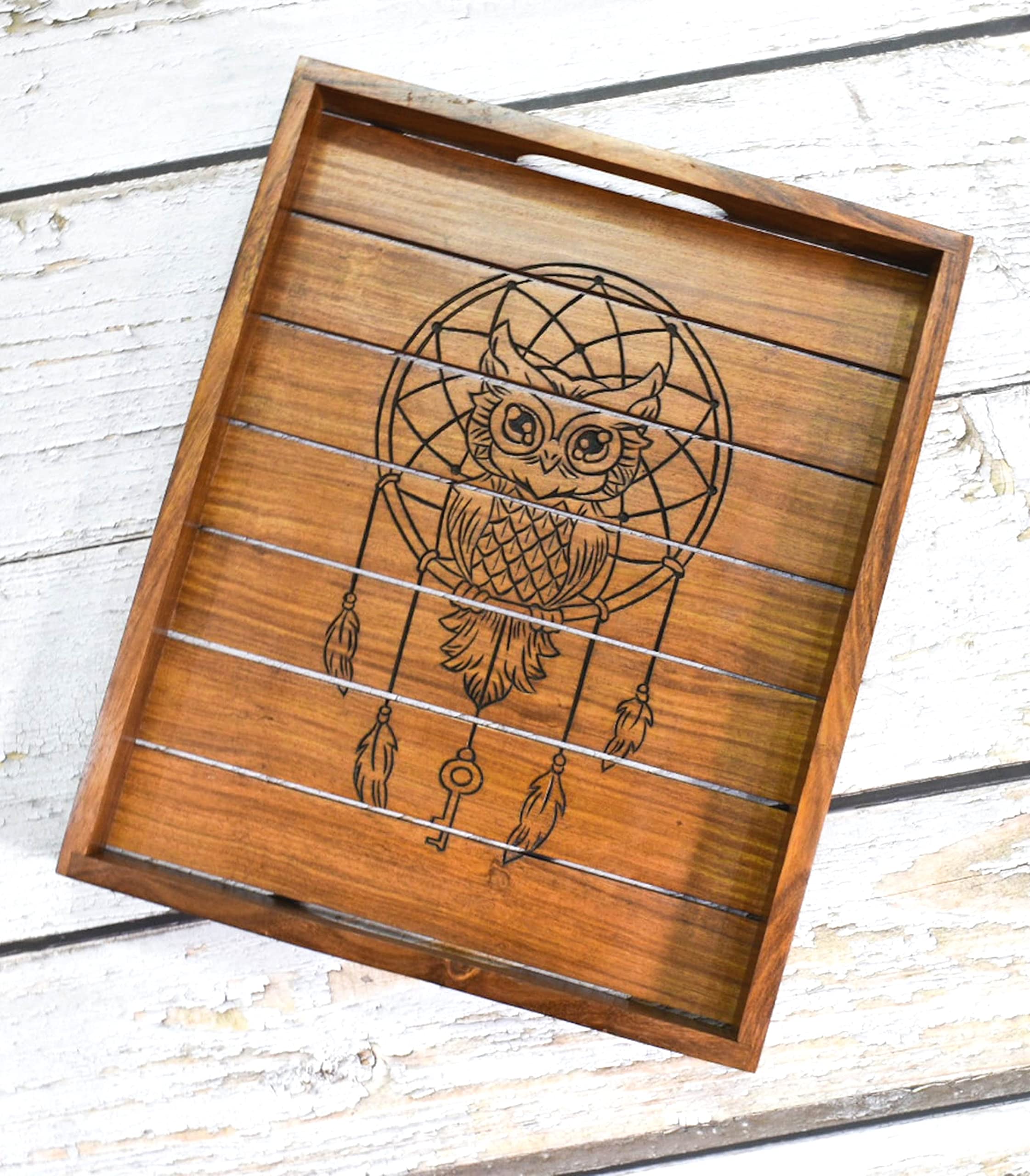 Hand Carved Indian Rosewood Rectangular Serving Tray with Owl Design - 15x12.5 Inch Handmade Decorative Wooden Tray with Handle - Perfect for Tea Service, Breakfast in Bed, and Home Decor Gifts
