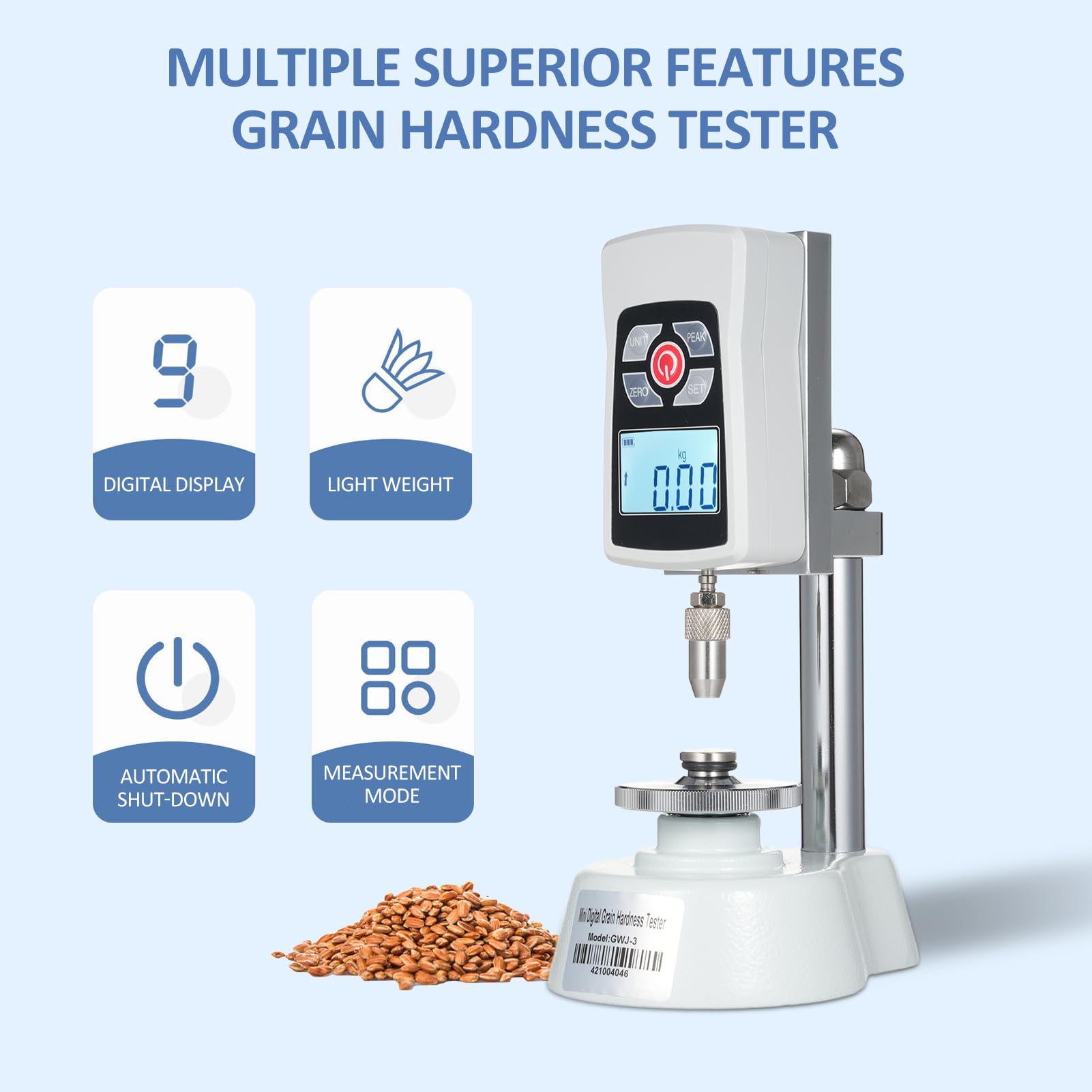 GWJ-3 Digital Grain Hardness Tester - 20KG/196N Capacity, 0.01kg/0.1N Precision for Seed, Fodder, Rice & Cereal Quality Testing | Perfect for Agriculture Labs, Food Research & Grain Quality Control