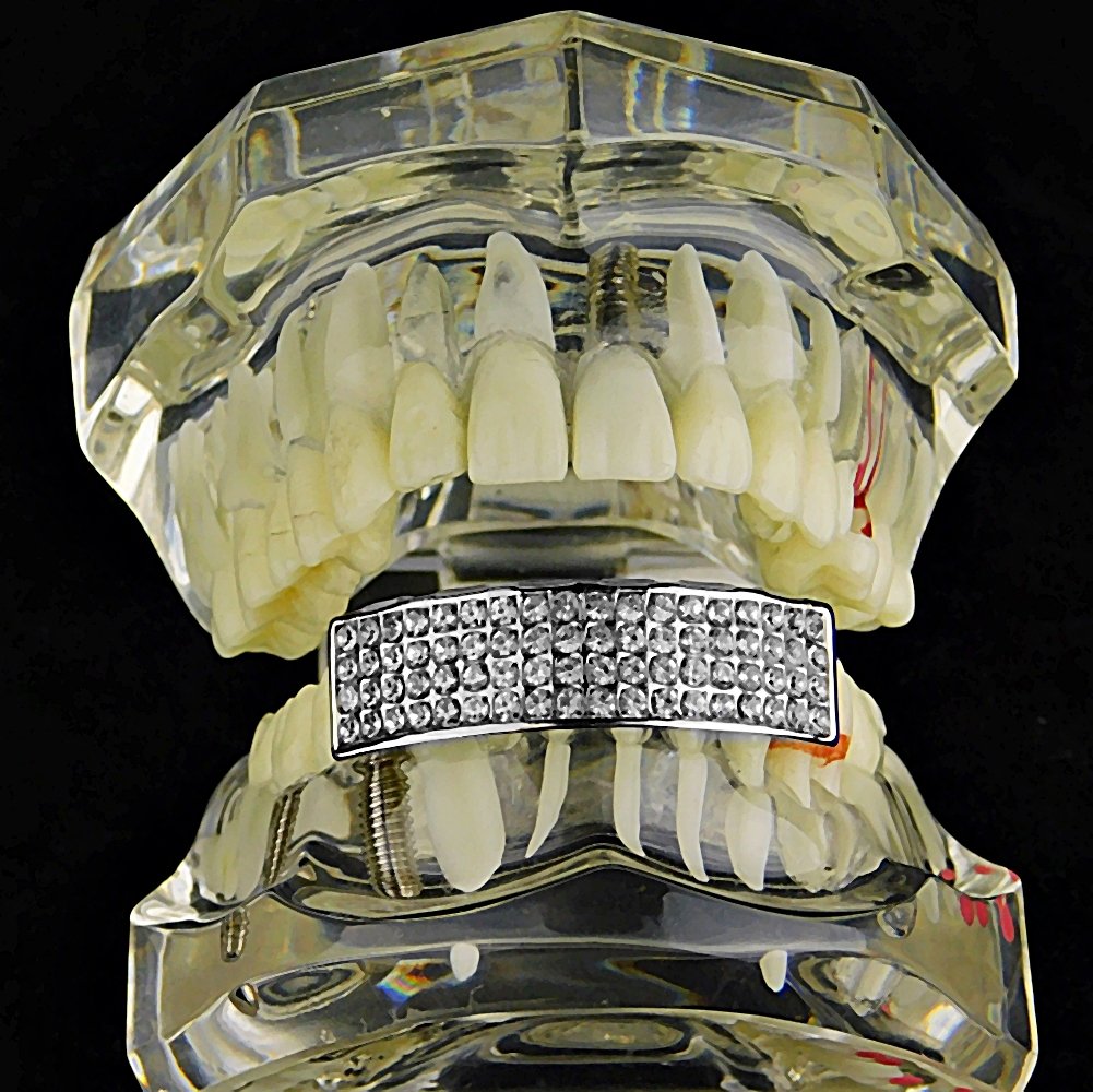 4 Row Silver Tone Hip Hop Grillz for Lower Teeth - Bling Mouth Jewelry for Men & Women - Perfect for Parties, Concerts & Rap Performances