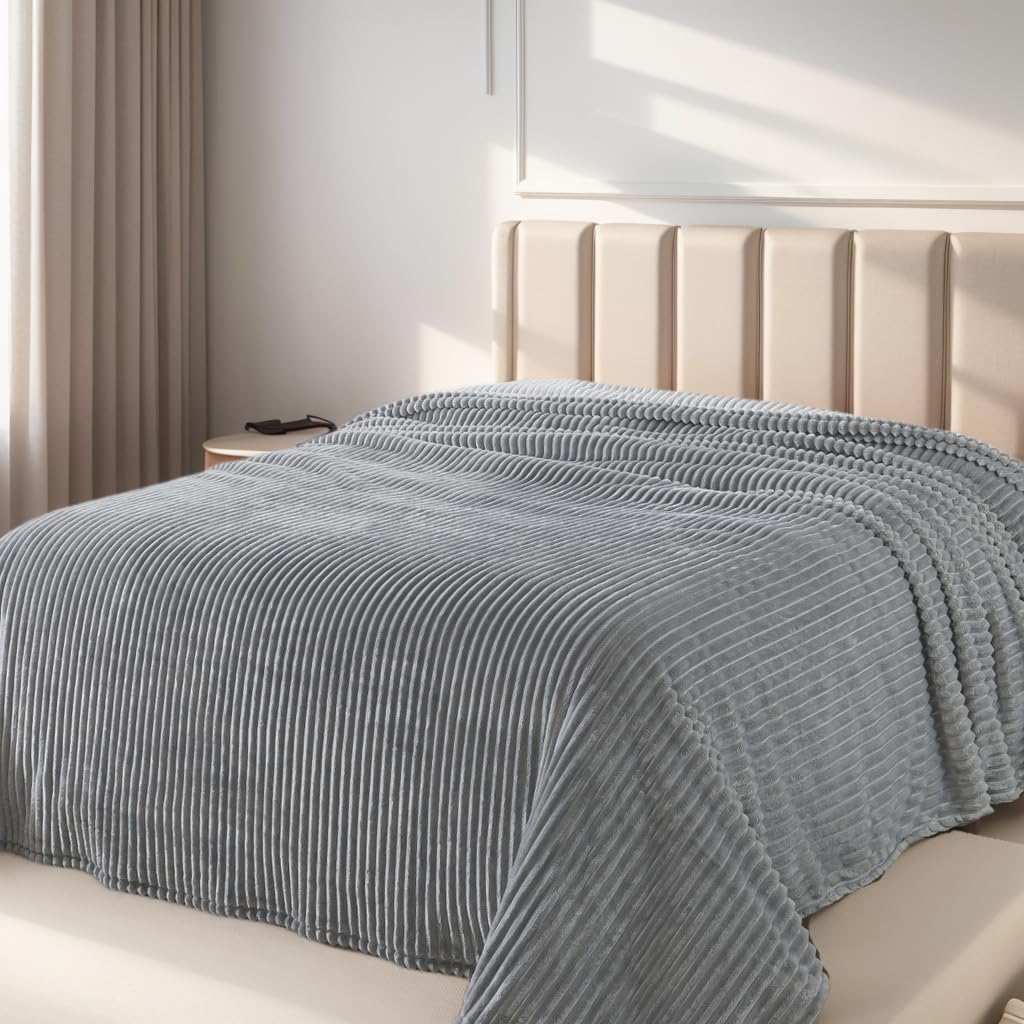 Cozy Fluffy Fleece Blanket for Travel, Sofa & Bed - Soft Warm Striped Throw 50x60 Inches (Ash Grey) - Perfect for Lounging, Camping & Gifting