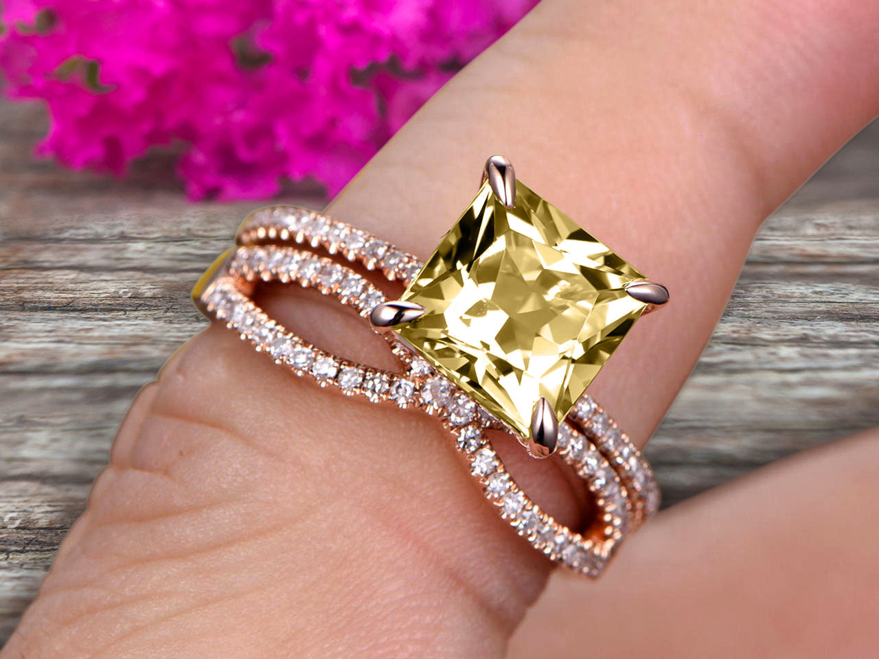 1.75 Carat VS Champagne Diamond Moissanite Wedding Ring Set - Princess Cut 10k Rose Gold Engagement Ring & Bridal Band - Infinity Stacking Matching Rings with Vintage Look - Perfect for Weddings, Anniversaries and Special Occasions