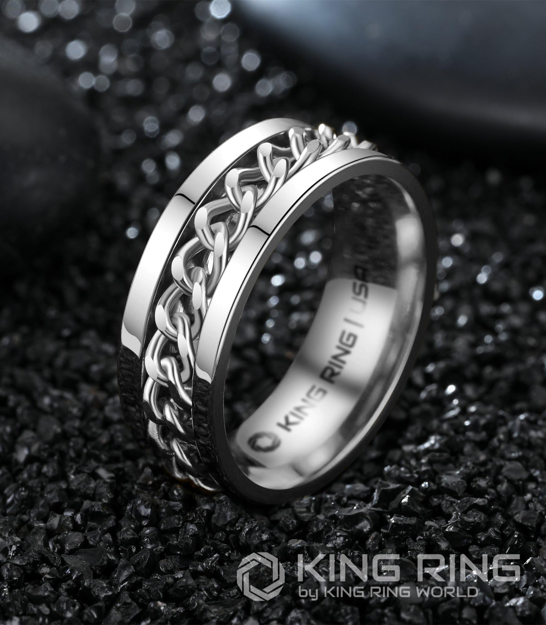 8mm Spinner Ring for Men & Women - Polished Stainless Steel Fidget Ring with Cuban Chain - Stress Relief & Anxiety Aid - Perfect for Office, Travel & Daily Wear - Designed in USA