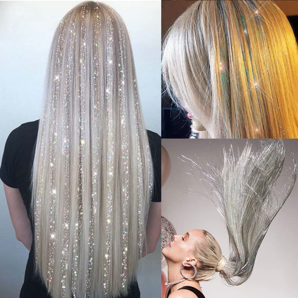 Ayushicreationa Glitter Hair Tinsel Extensions - 6 Color Pack of Holographic Sparkle Shiny Straight Hair Strands for Women & Girls | Perfect for Parties, Festivals, Cosplay and Special Occasions