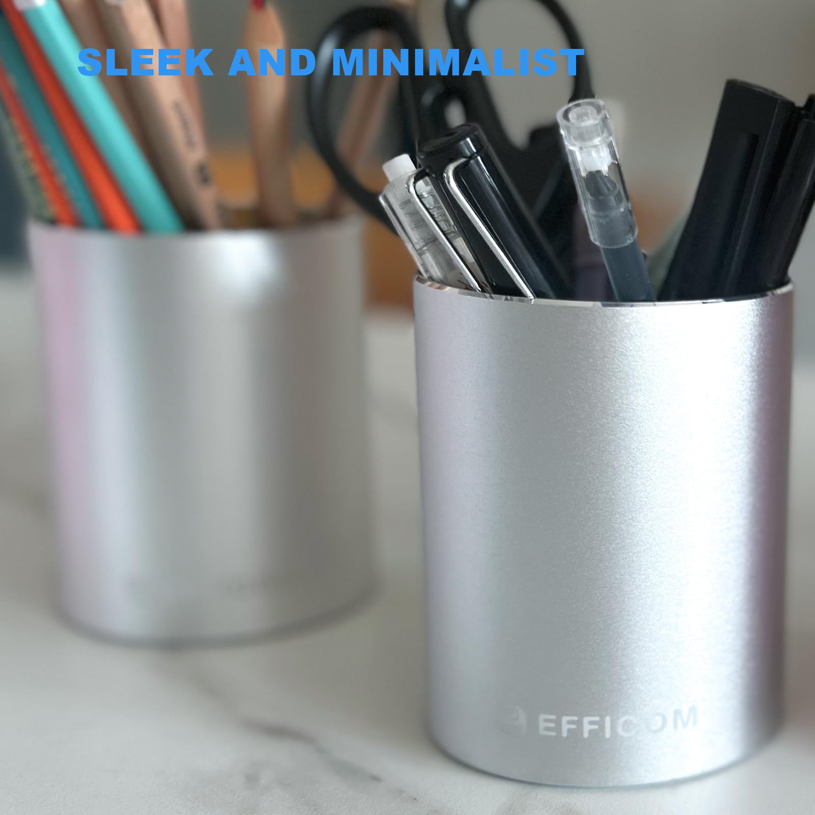 Metal Pen Holder for Desk - Polished Aluminum Pen Cup Organizer, Office & School Stationery Storage (3.15