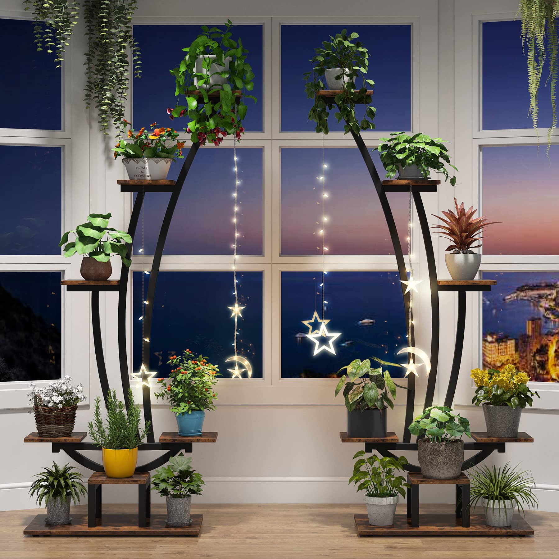 Tribesigns 6-Tier Tall Indoor Plant Stand - Set of 2 Metal Curved Display Shelves with Hanging Hooks for Bonsai, Flower Pots & Home Decor - Perfect for Living Room, Garden, Balcony & Indoor Plants Organization