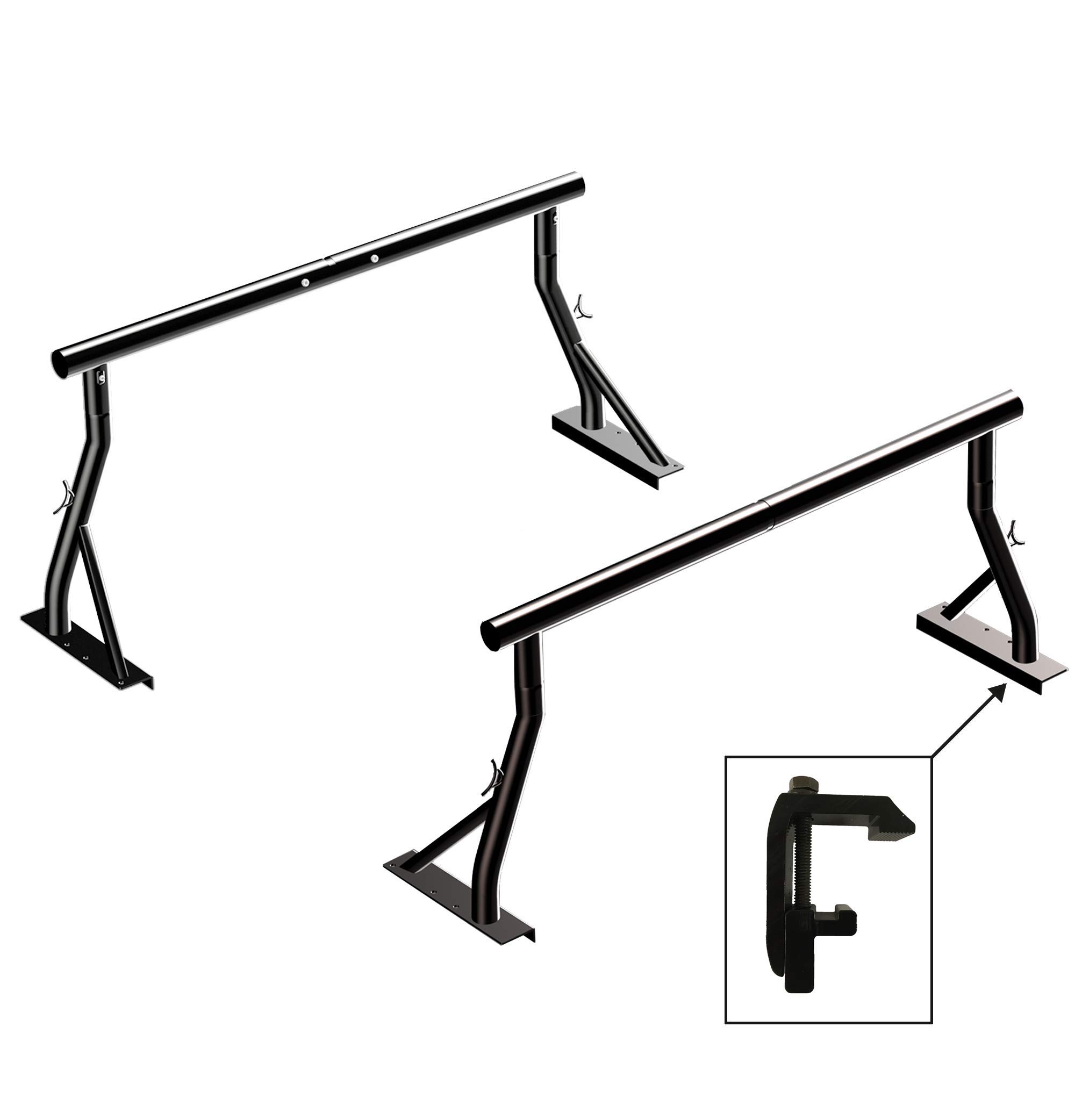 TMS 800 LB Extendable Non-Drilling Low Profile Pickup Truck Rack - Heavy Duty Sport Bar Ladder Rack with 2 Bars & Mounting Clamps (Patent Pending, 24 Inch) - Perfect for Hauling Ladders, Lumber, and Outdoor Gear on Ford, Chevy, Ram Trucks