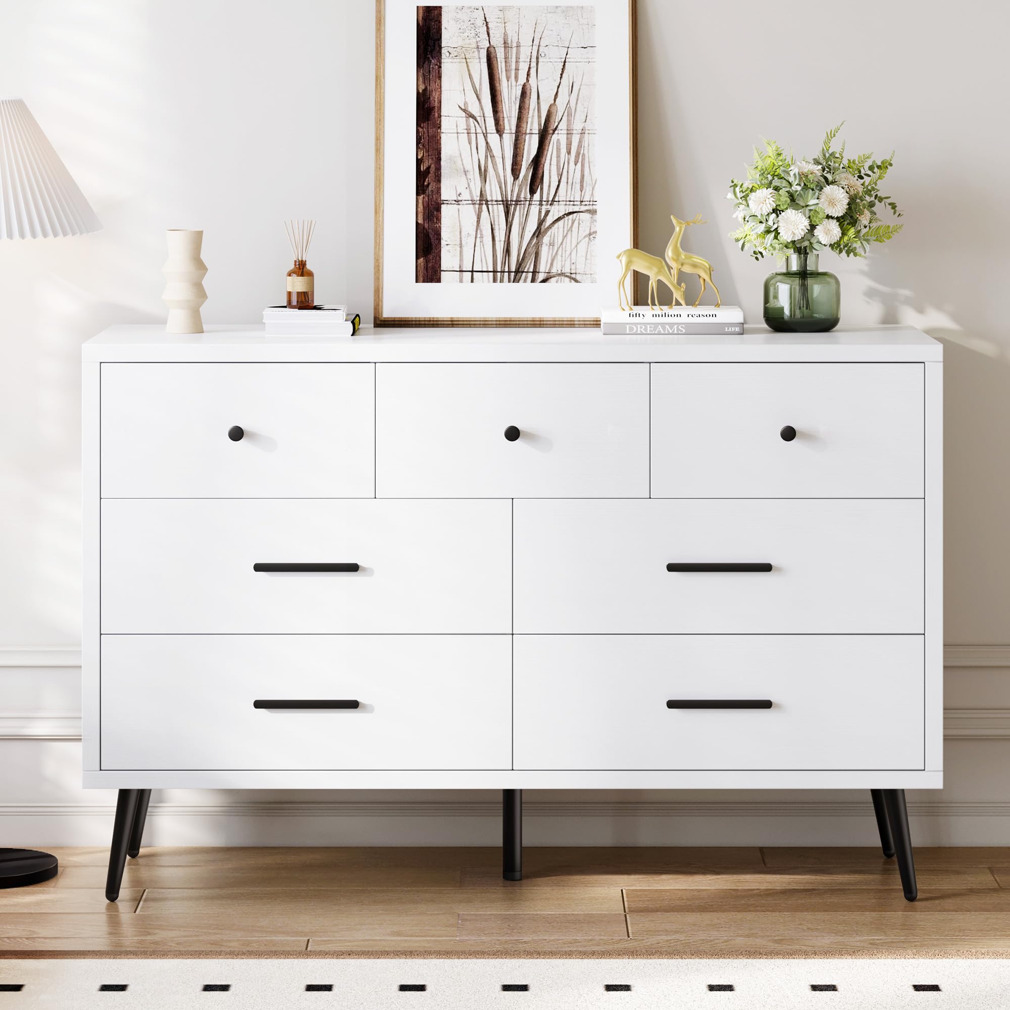 DWVO White 7-Drawer Dresser, 47-Inch Wide Modern Wood Storage Organizer with Black Metal Handles & Anti-Tip Device - Perfect for Bedroom, Hallway, Entryway, or Closet Organization