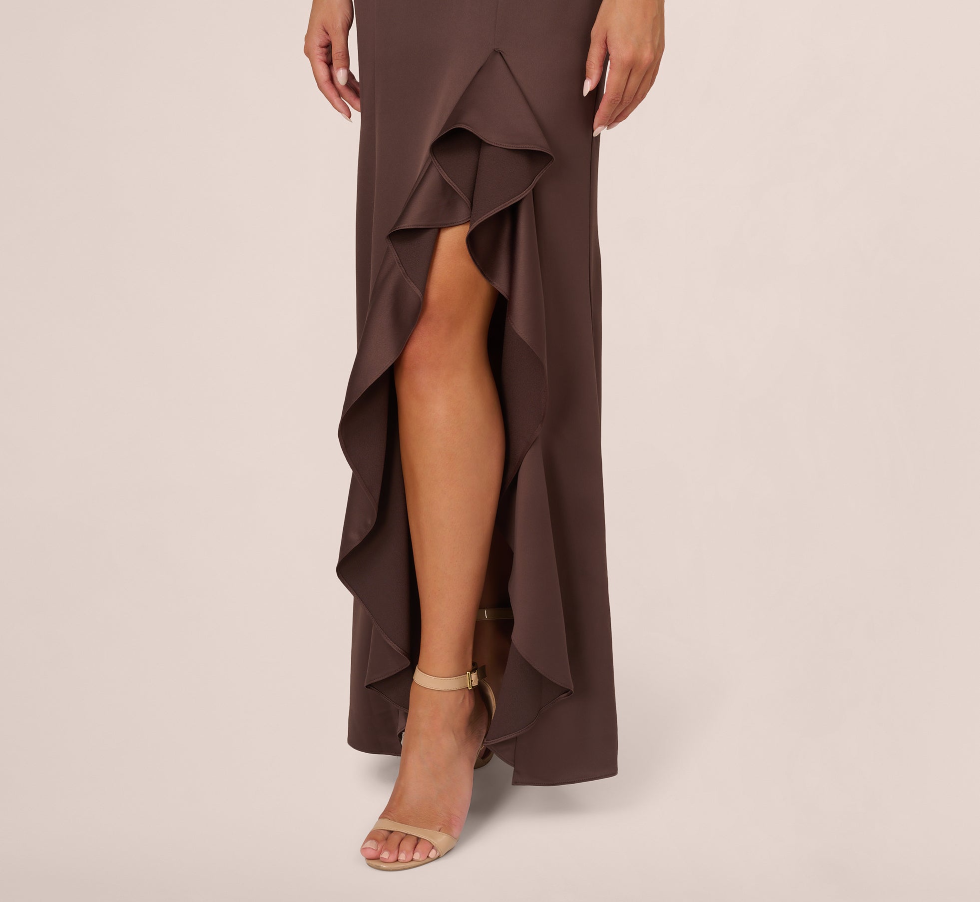 Elegant Dark Brown Satin Halter Mermaid Gown with Ruffle Trim - Perfect for Evening Galas, Prom Nights & Formal Events