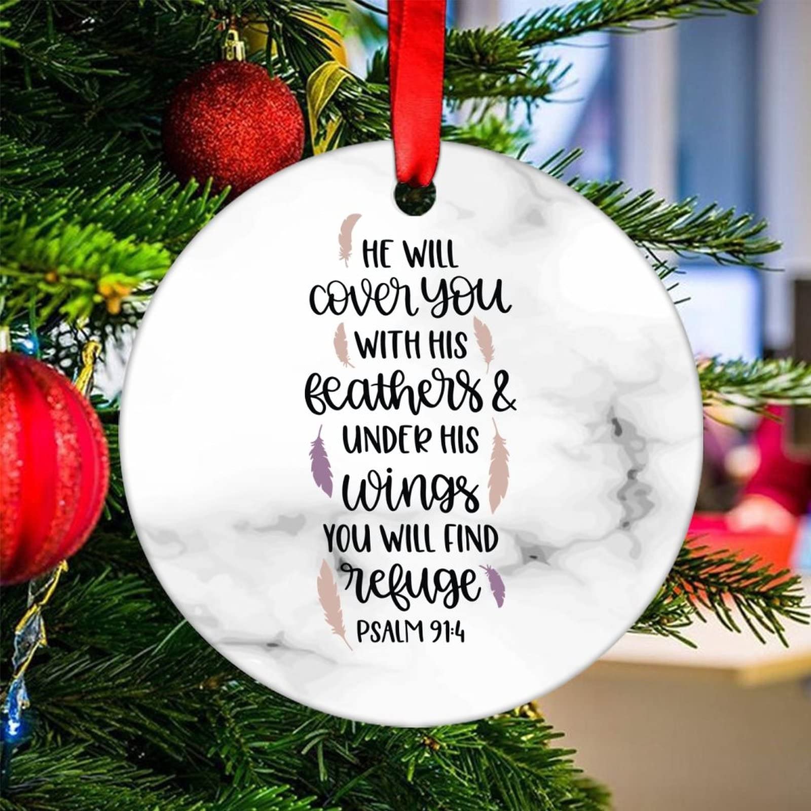 Personalized Psalm 91:4 Ceramic Christmas Ornament - 'He Will Cover You with His Feathers' Bible Verse Hanging Keepsake, 3x3 Inch Holiday Decor for Tree, Gift & Home Decoration