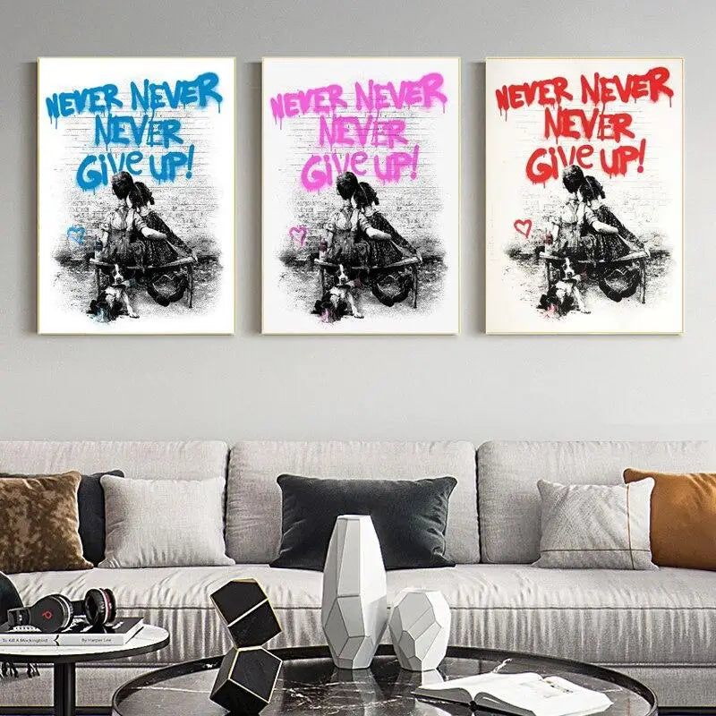 Modern Banksy Never Give Up Canvas Painting - Graffiti Art Wall Poster & Print - Home Decor Picture for Living Room, Bedroom, Office - Inspirational Urban Street Artwork