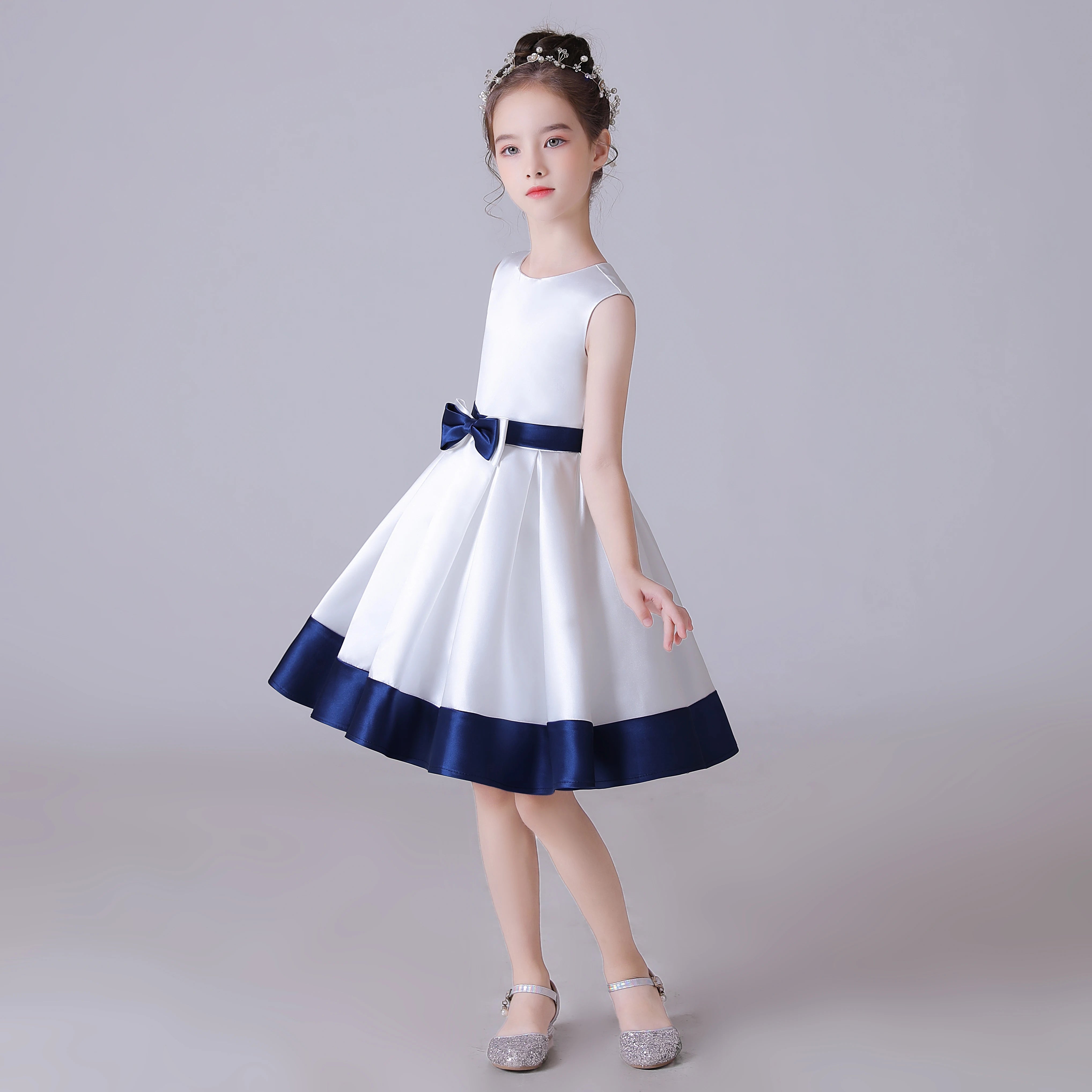 Elegant Sleeveless Satin Girls Dress with Navy Blue Bow - Knee-Length Party Dress for Special Occasions, Birthday, Photo Shoots & Formal Events
