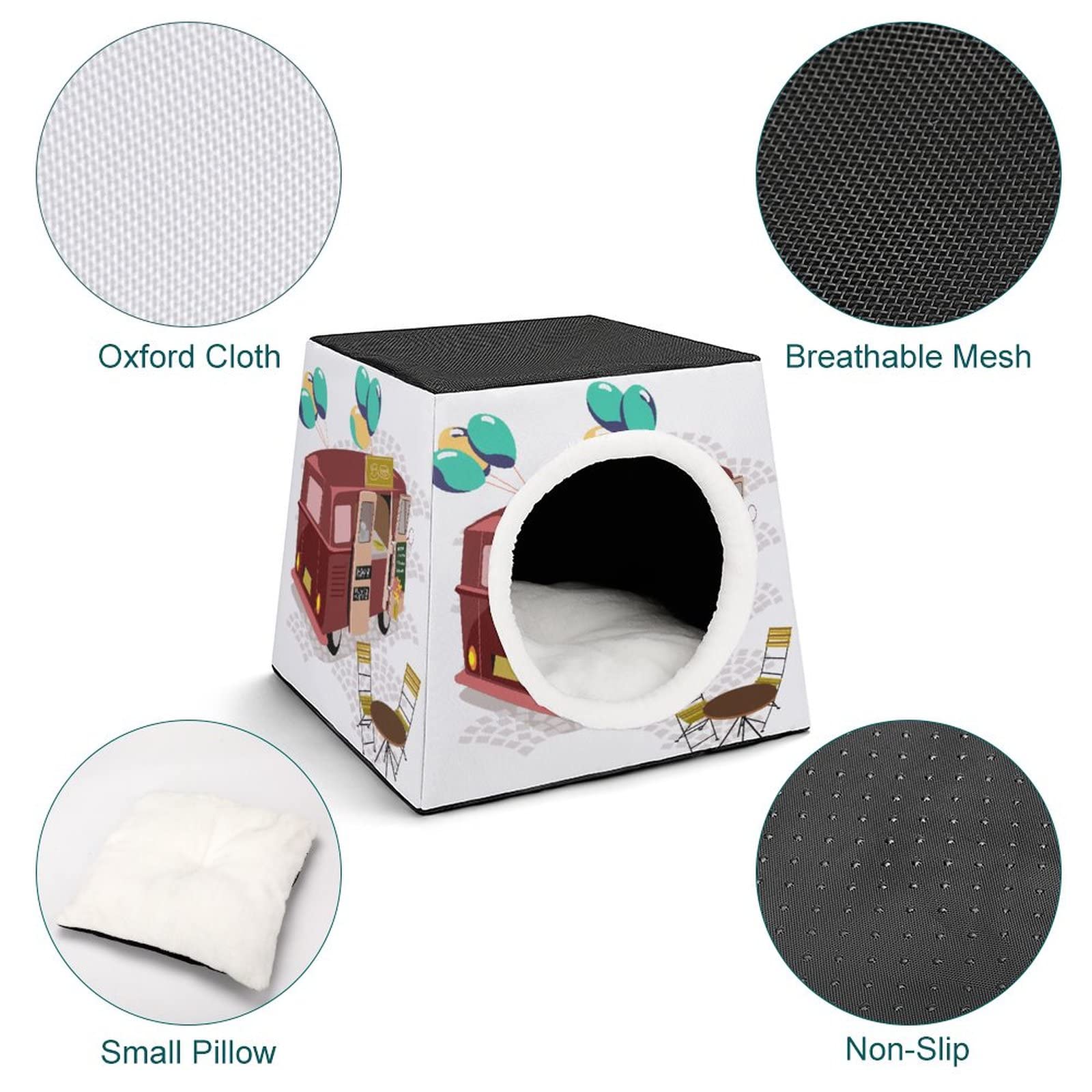 Printed Cat Cube Kitty House - Indoor Cat Bed & Small Dog Shelter, Warm Cozy Pet Sofa with Food Truck Illustration - Perfect for Pet Naps, Playtime & Home Decor
