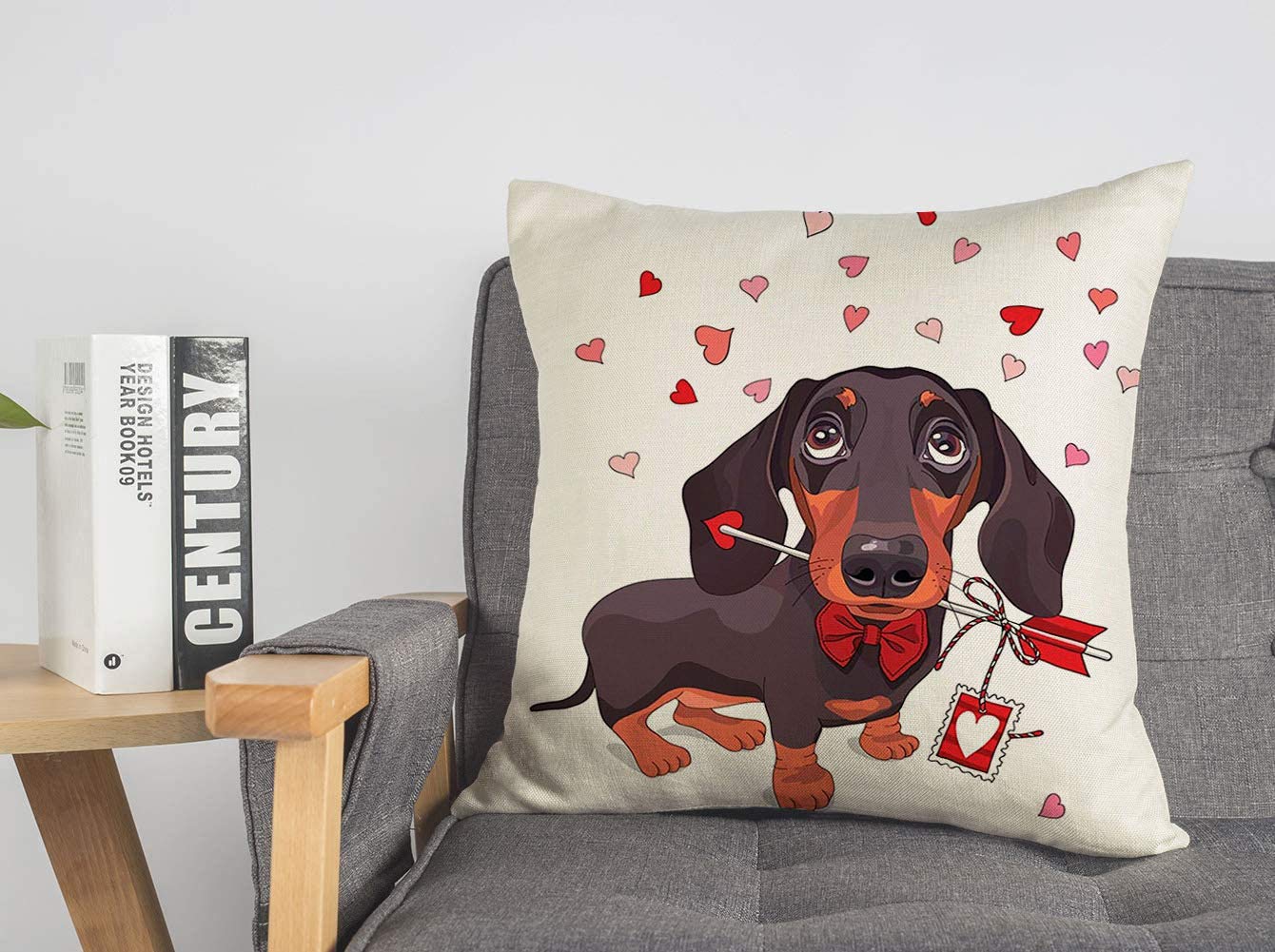 Valentine's Day Dachshund Pillow Cover - Cozy Linen Cushion Case 20x20 Inch for Couch & Bed Decor