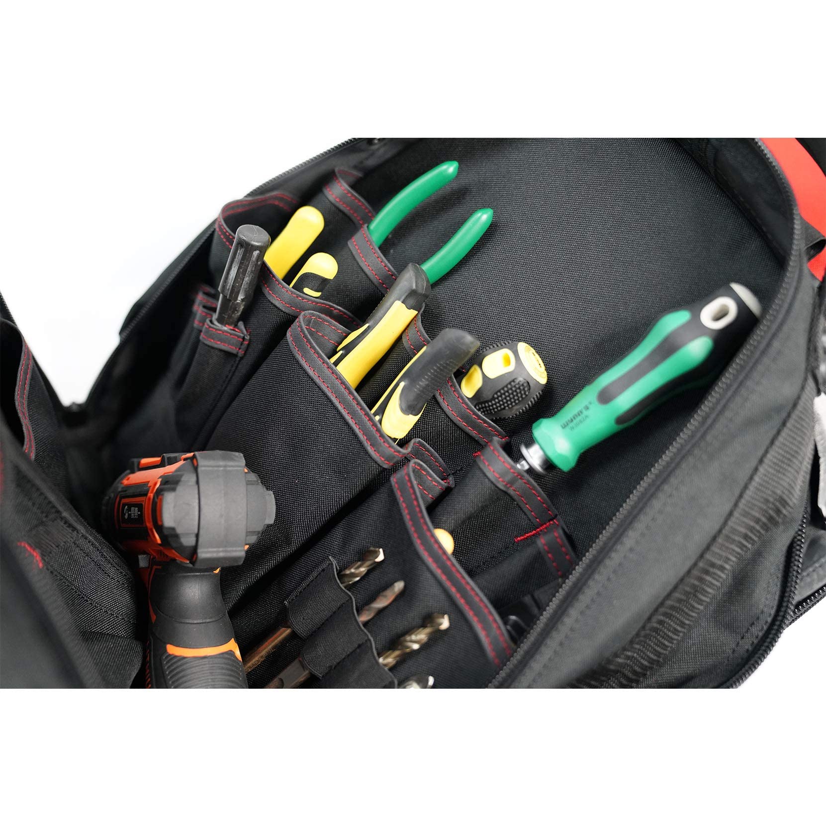 MELOTOUGH Heavy Duty Rolling Tool Backpack - Durable Tradesman Pro Tool Organizer with Laptop Sleeve (Red & Black) - Perfect for Construction, Electricians & DIY Projects