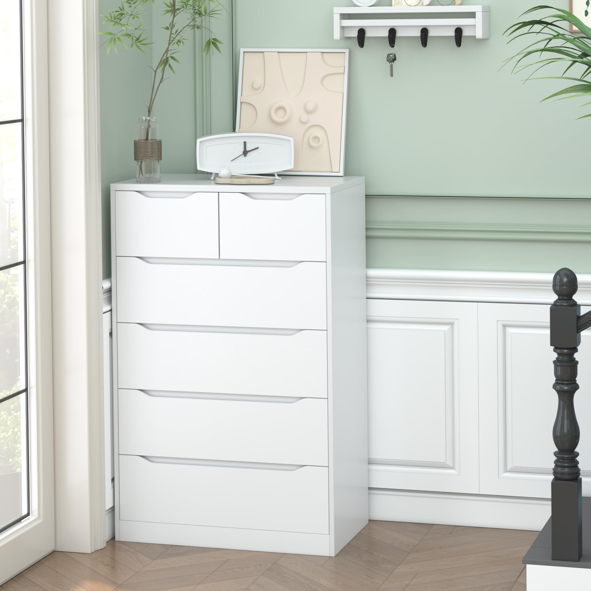 INTERGREAT 6-Drawer Tall Dresser for Bedroom - Modern White Chest of Drawers with Large Storage Space, 27.5
