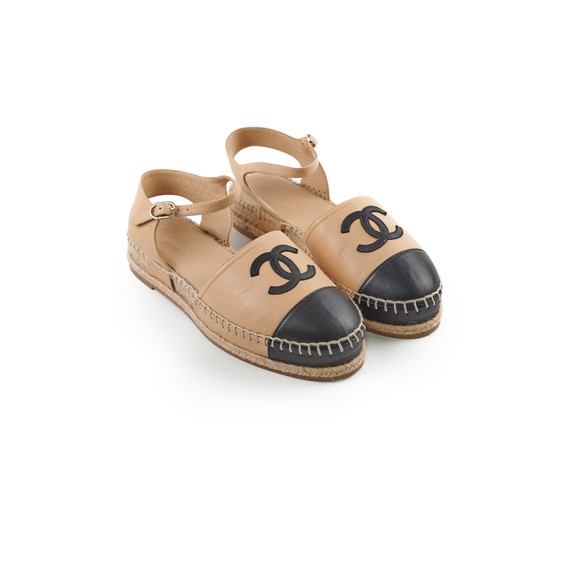 Chanel Beige & Black Open-Toe Espadrilles Flats - Size 36 | Comfortable Summer Sandals for Beach, Vacation & Casual Outings