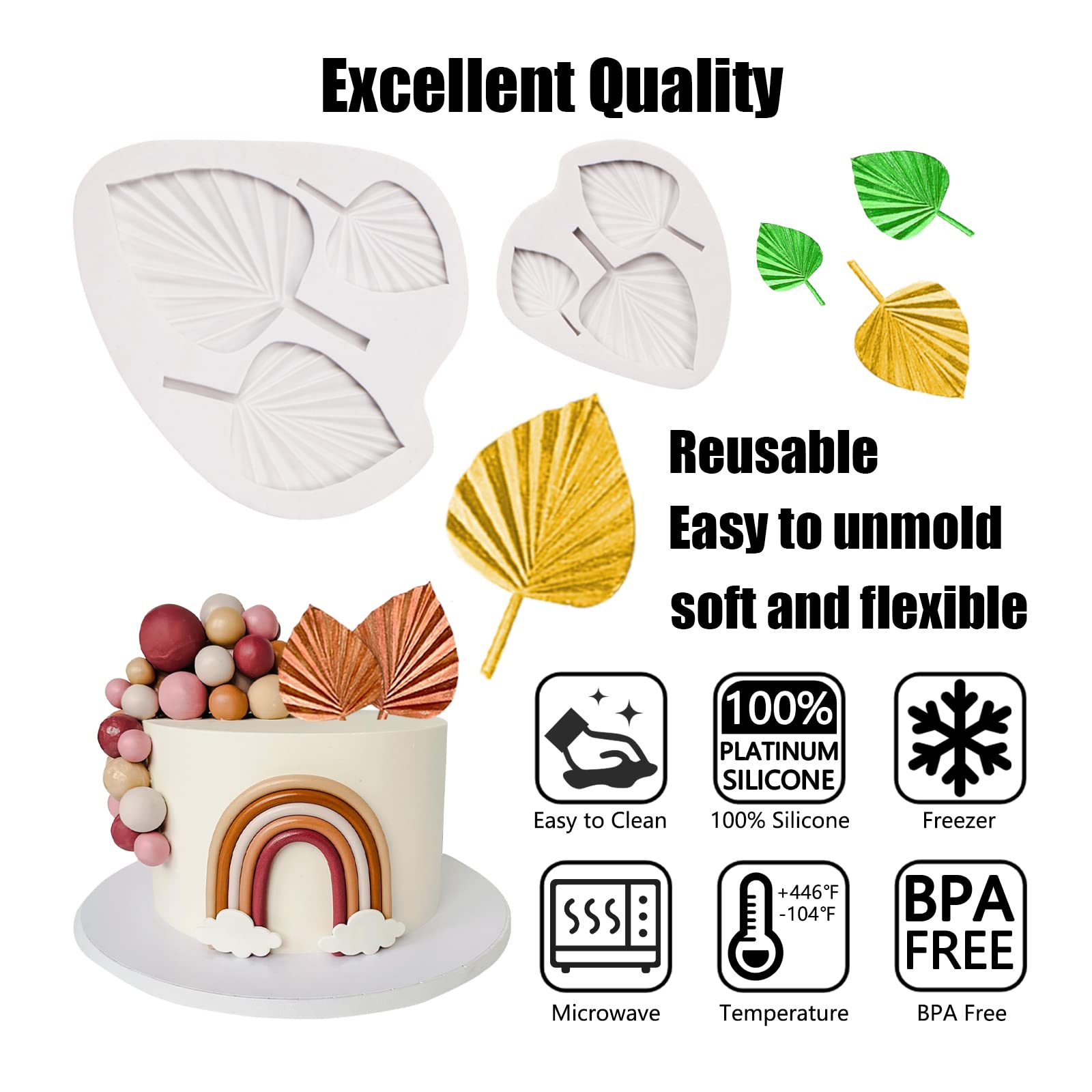 Boho Fondant Molds Silicone - 3D Fan Palm Leaf Shape Candy Chocolate Molds for Cupcake Toppers, Cake Decorations, Polymer Clay & Resin Crafts - Perfect for Boho Wedding, Birthday Party & DIY Home Decor