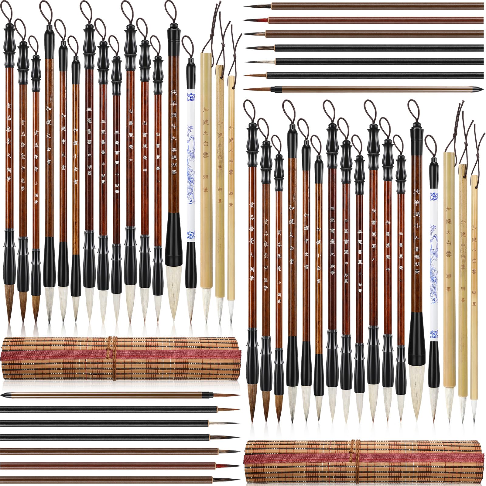 48 Pcs Chinese Calligraphy Brush Set - Watercolor & Sumi Painting Brushes with Bamboo Roll-up Holder - Ideal for Kanji, Japanese Calligraphy, Watercolor Art, Drawing & Painting - Perfect for Artists, Students & DIY Craft Projects