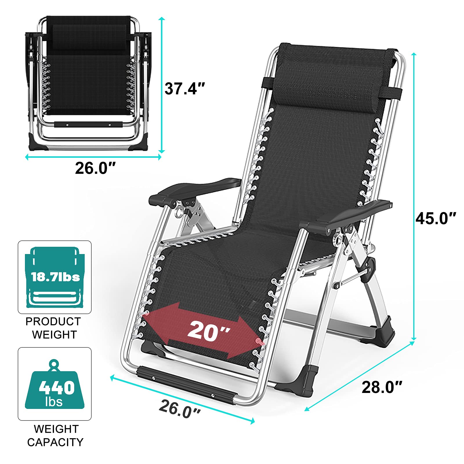 Upgraded Adjustable Zero Gravity Chair - Ergonomic Portable Outdoor Folding Chaise Lounge - Heavy Duty 440lbs Capacity - Perfect for Patio, Beach, Camping & Backyard Relaxation
