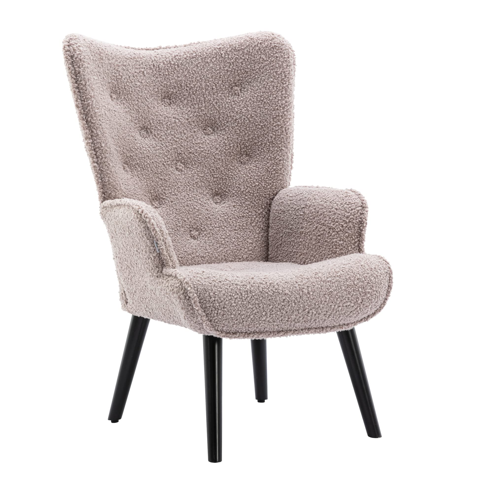 Modern Teddy Fabric Accent Chair - Upholstered Armchair with Button Tufted Design & Wooden Legs for Dining Room, Reception, Home Office - Soft Grey Fleece High Wingback Chair for Cozy Living Spaces & Relaxation