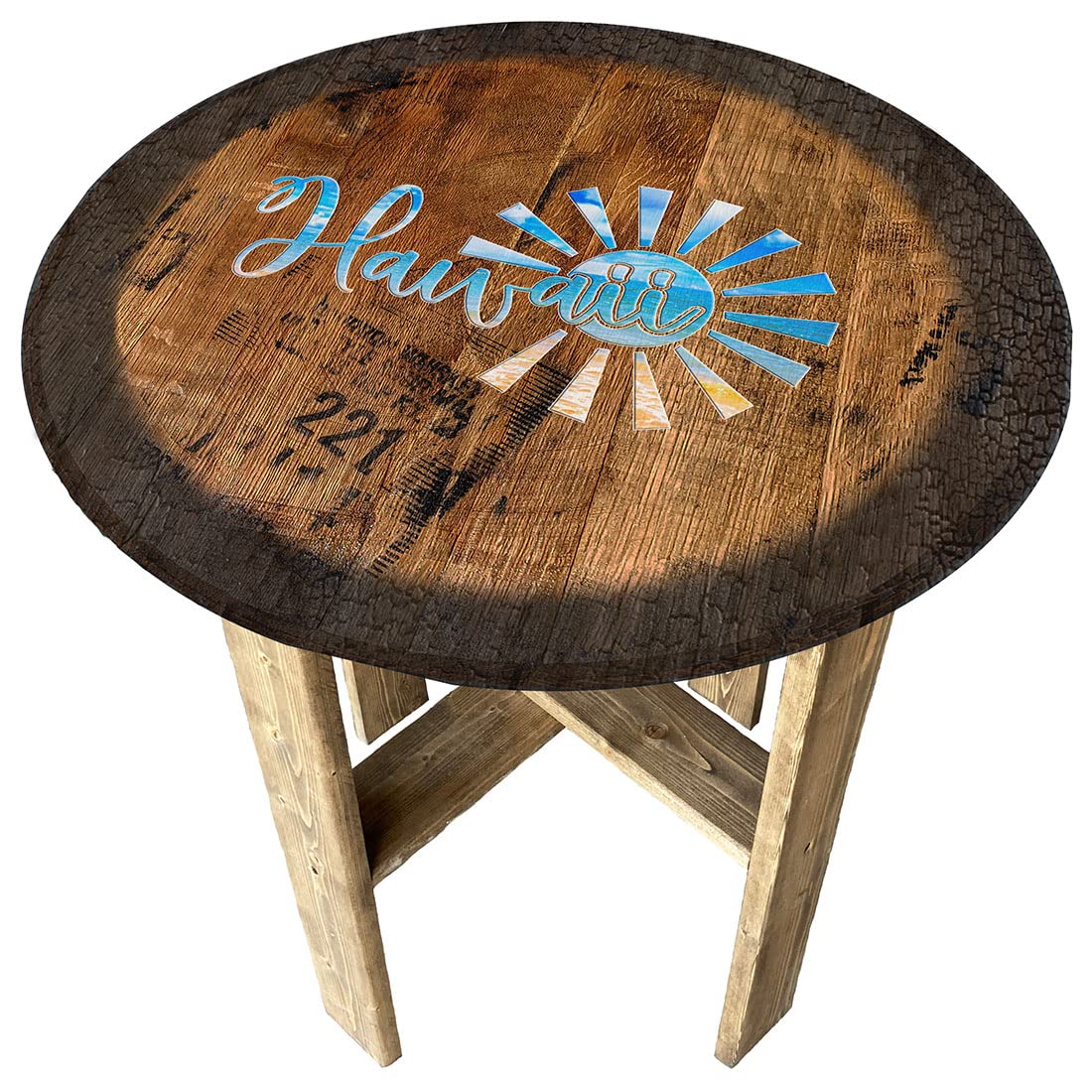 Tropical Beach Wall Decor - Rustic Round Whiskey Barrel End Table for Farmhouse & Hawaiian Sun Theme | Perfect for Beach House, Tiki Bar, and Coastal Living Room Decor