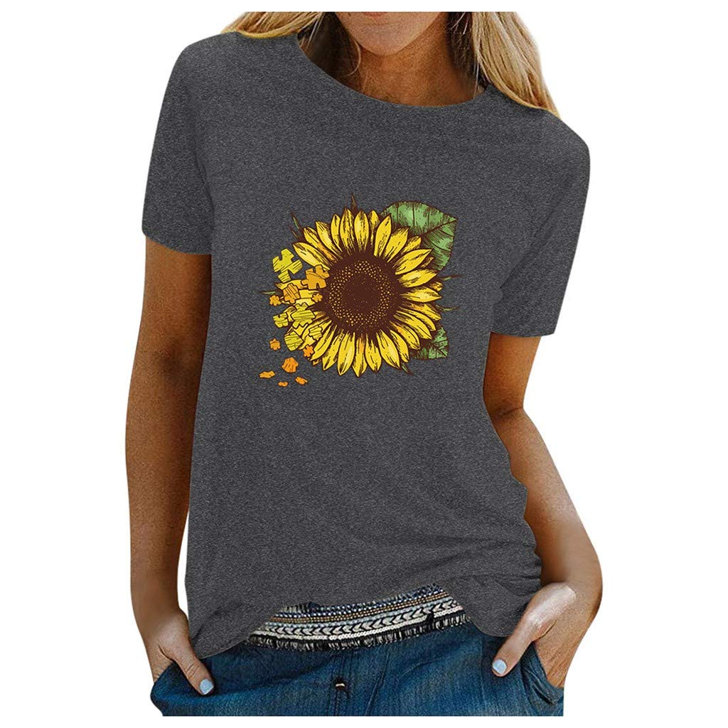 FABIURT Women's Sunflower Print Short Sleeve Graphic T-Shirt - Casual Loose Fit Blouse Top for Summer Outfits, Streetwear & Everyday Wear