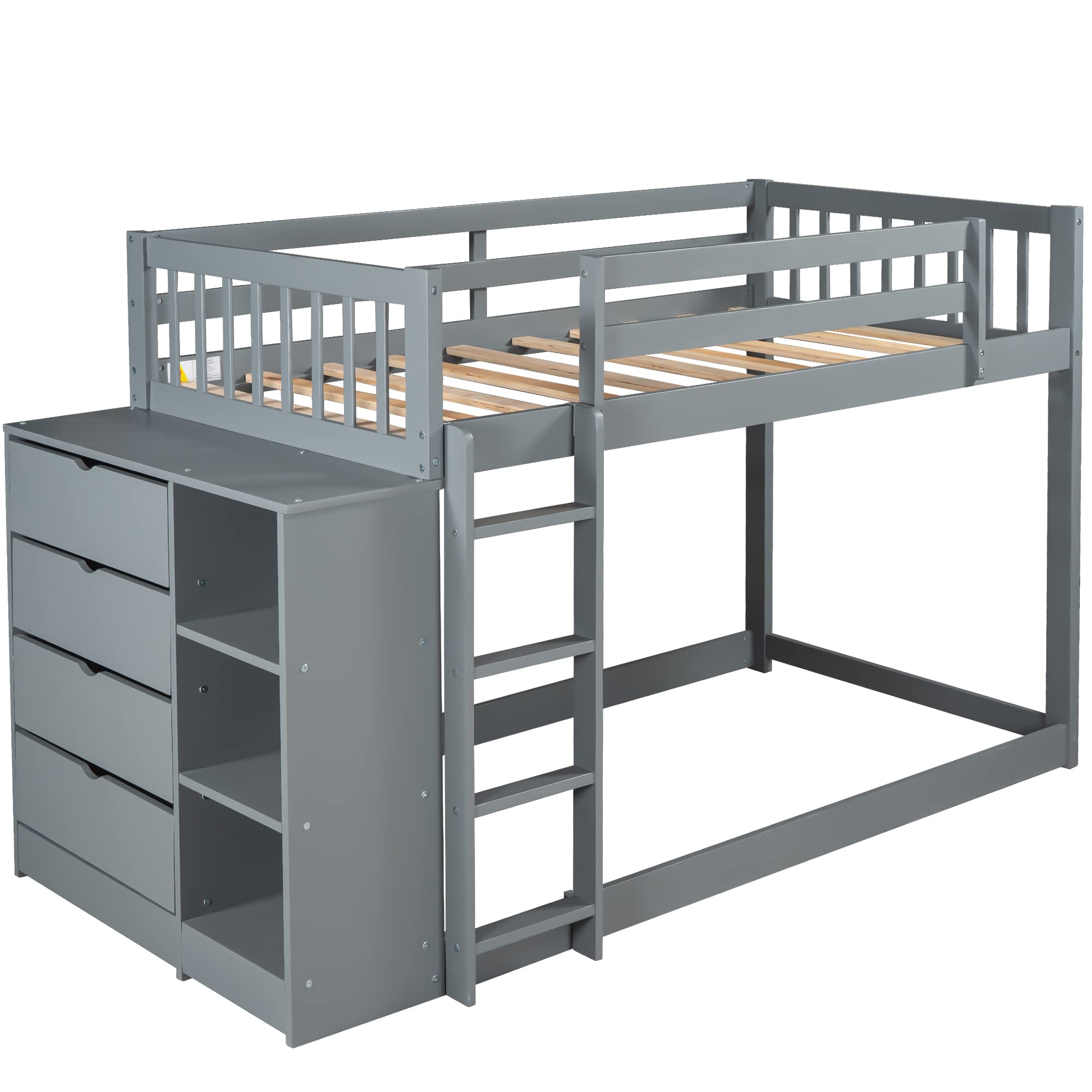 Twin Over Twin Solid Wood Bunk Bed with Cabinet & Shelves - Low Loft Bed Frame with Ladder & Guardrails for Kids, Teens & Adults - Multi-Functional Storage Space (Gray) - Perfect for Small Bedrooms, Dorms & Guest Rooms