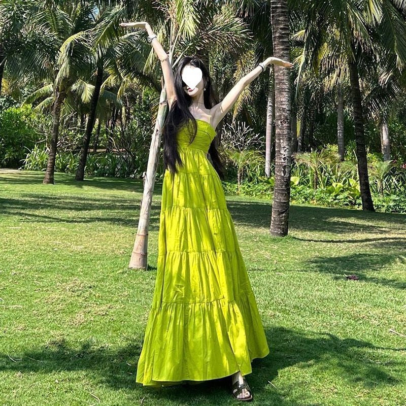 Green Summer A-Line Strapless Long Dress L7 - Perfect for Beach Vacations, Weddings & Outdoor Parties