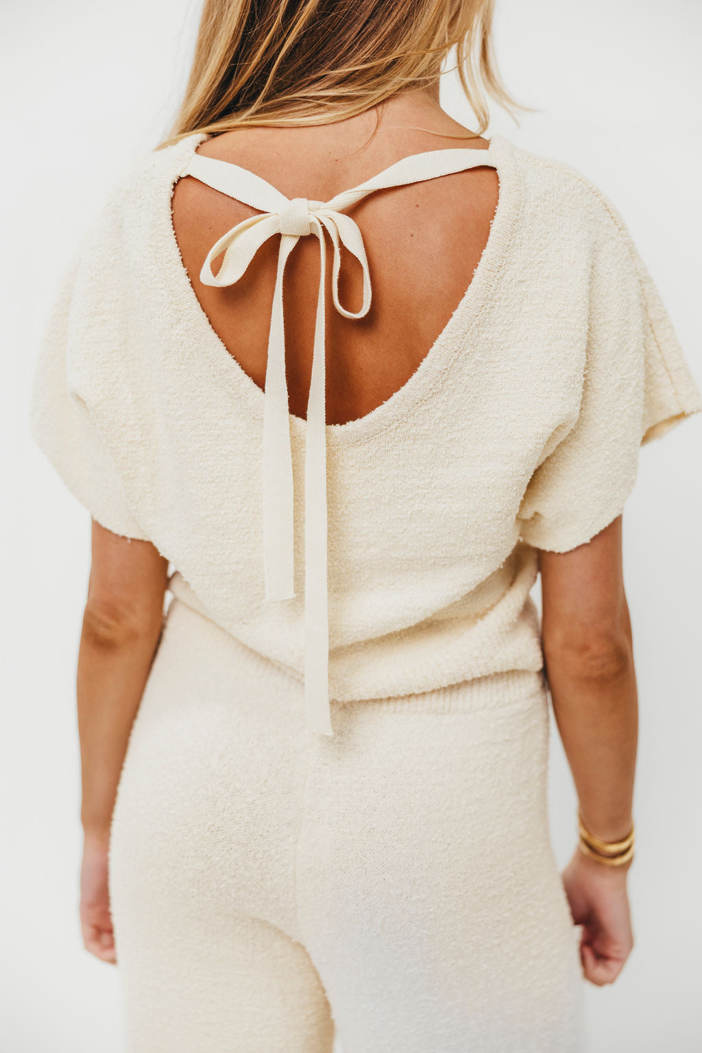 Braunwyn Women's Tie Back Knitted Top and Pants Set - Soft Cream Loungewear for Home Relaxation & Casual Outings
